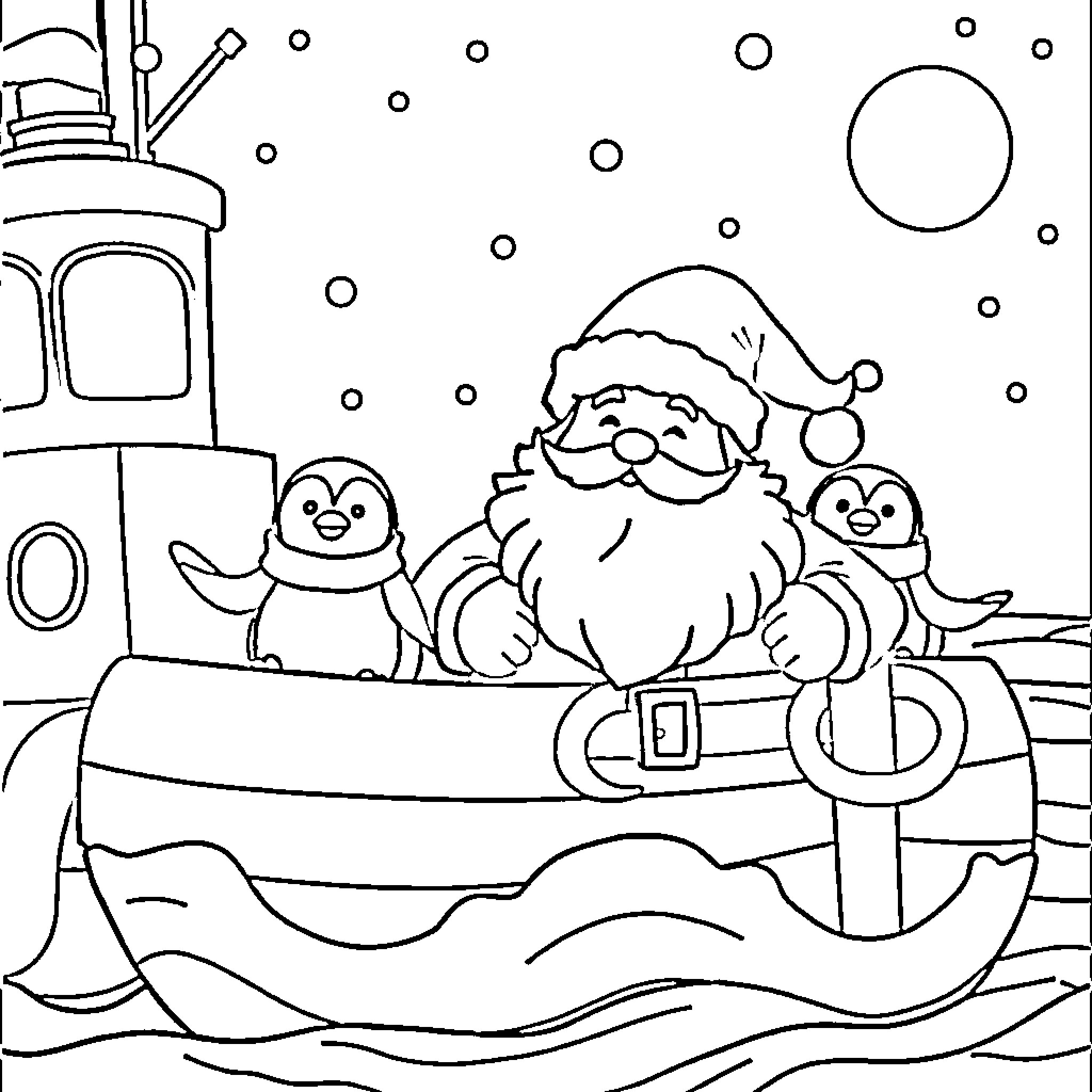 Santa and Penguins Enjoying the Winter Wonderland Coloring Page (free black-and-white line drawing printable PDF for all, from beginners to advanced learners, including children, teens, adults, and seniors)