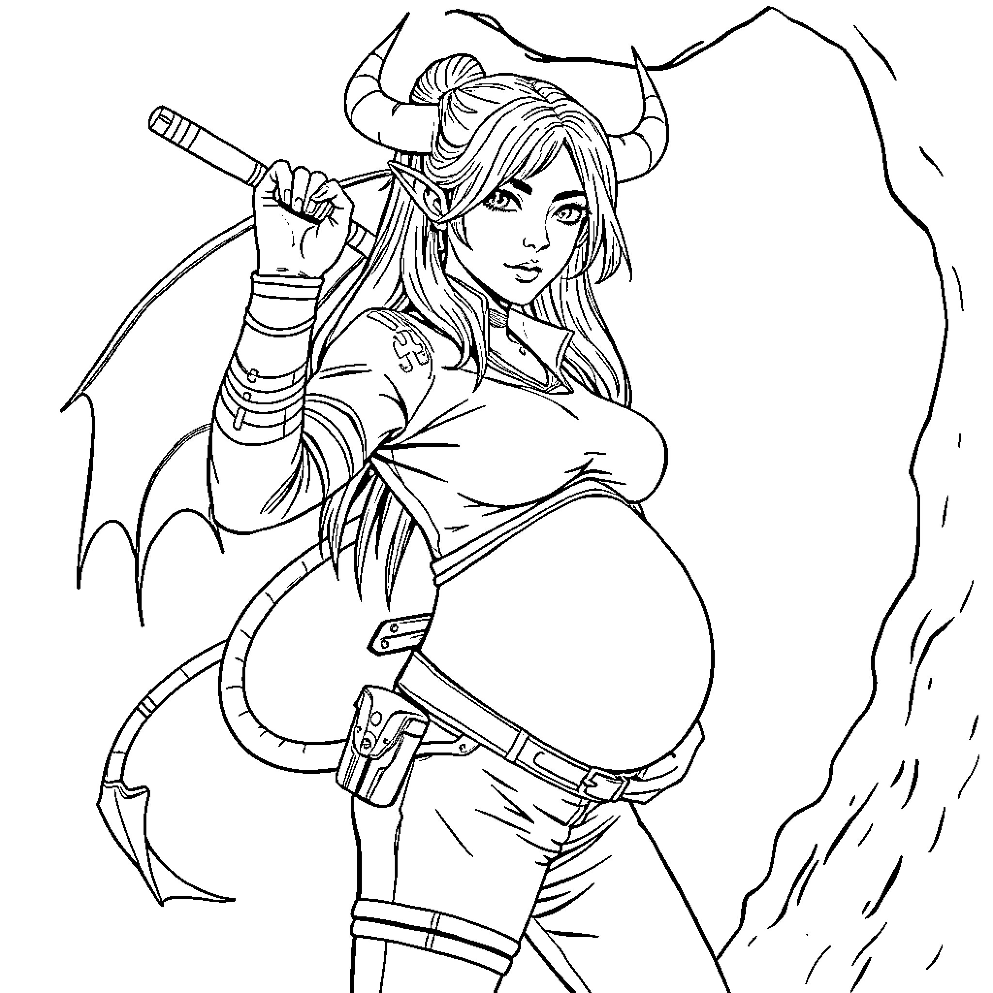 Rumi in fierce warrior stance with horns Coloring Page (free black-and-white line drawing printable PDF for all, from beginners to advanced learners, including children, teens, adults, and seniors)