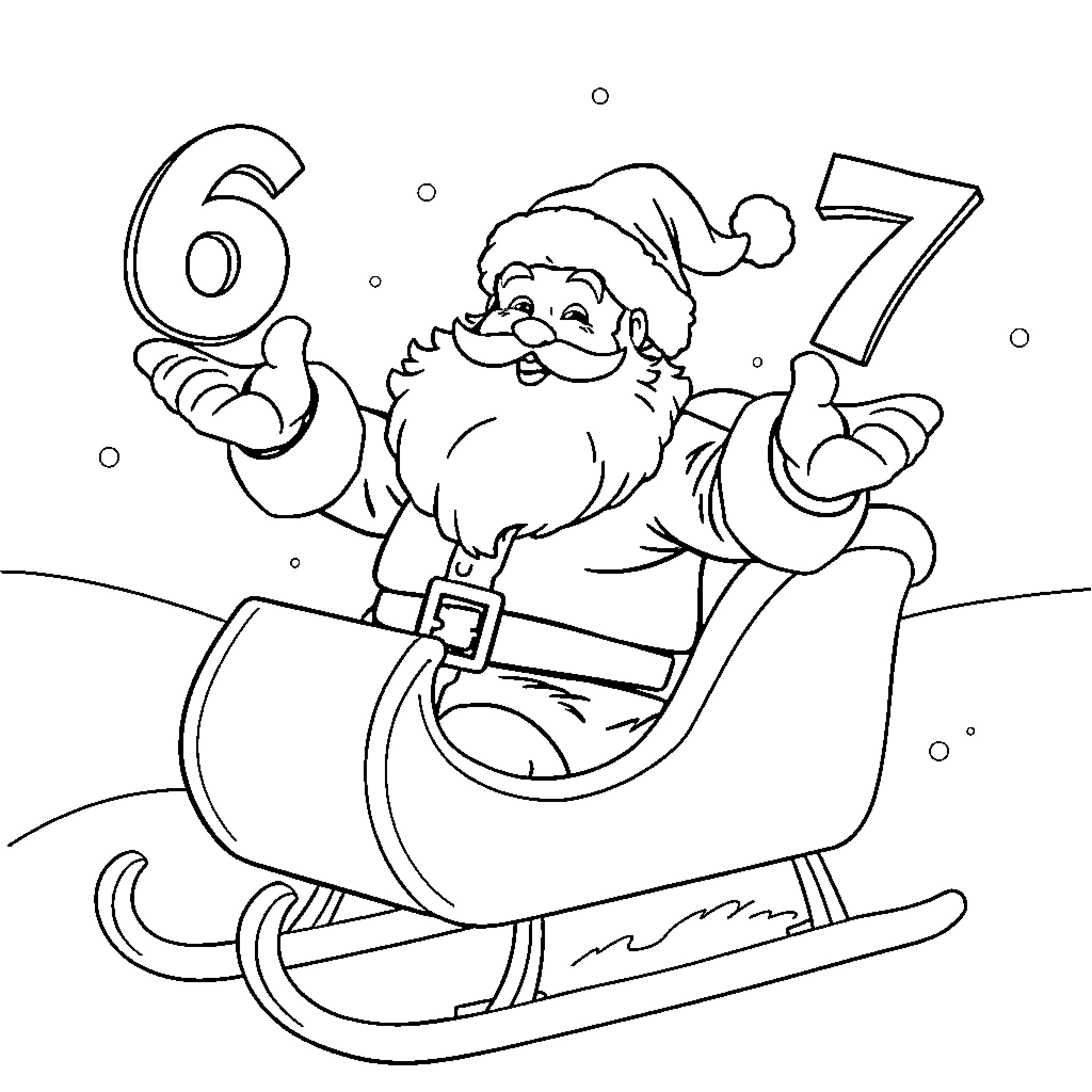 Santa Claus riding a sleigh with holiday numbers Coloring Page (free black-and-white line drawing printable PDF for all, from beginners to advanced learners, including children, teens, adults, and seniors)