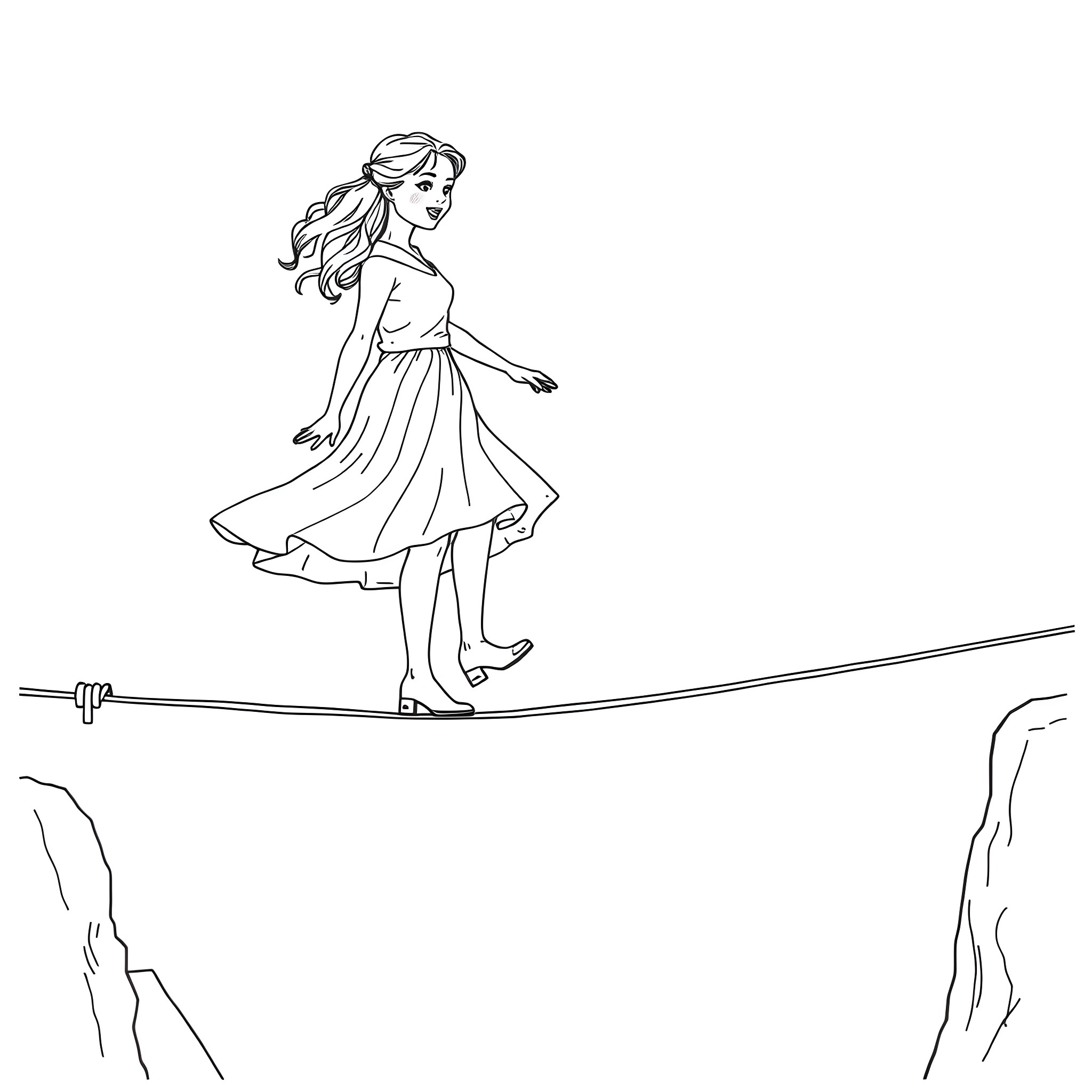 Chloë Grace Moretz walking on a tightrope Coloring Page (free black-and-white line drawing printable PDF for all, from beginners to advanced learners, including children, teens, adults, and seniors)