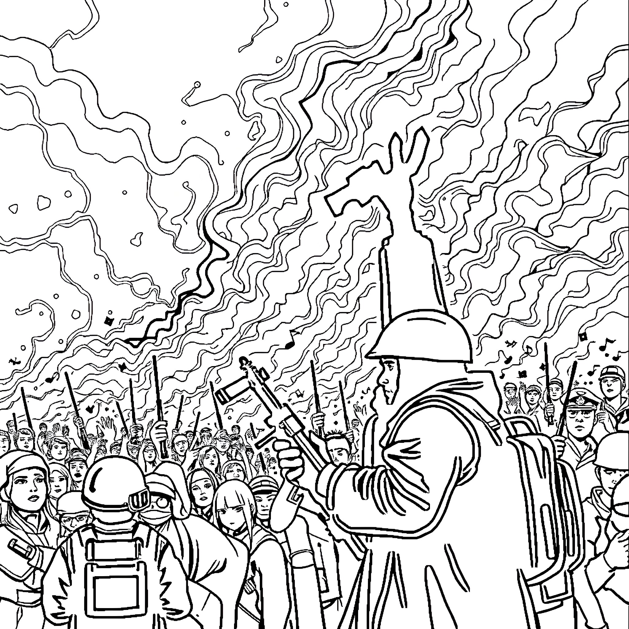 IA Protesters marching with banners in a crowd Coloring Page (free black-and-white line drawing printable PDF for all, from beginners to advanced learners, including children, teens, adults, and seniors)