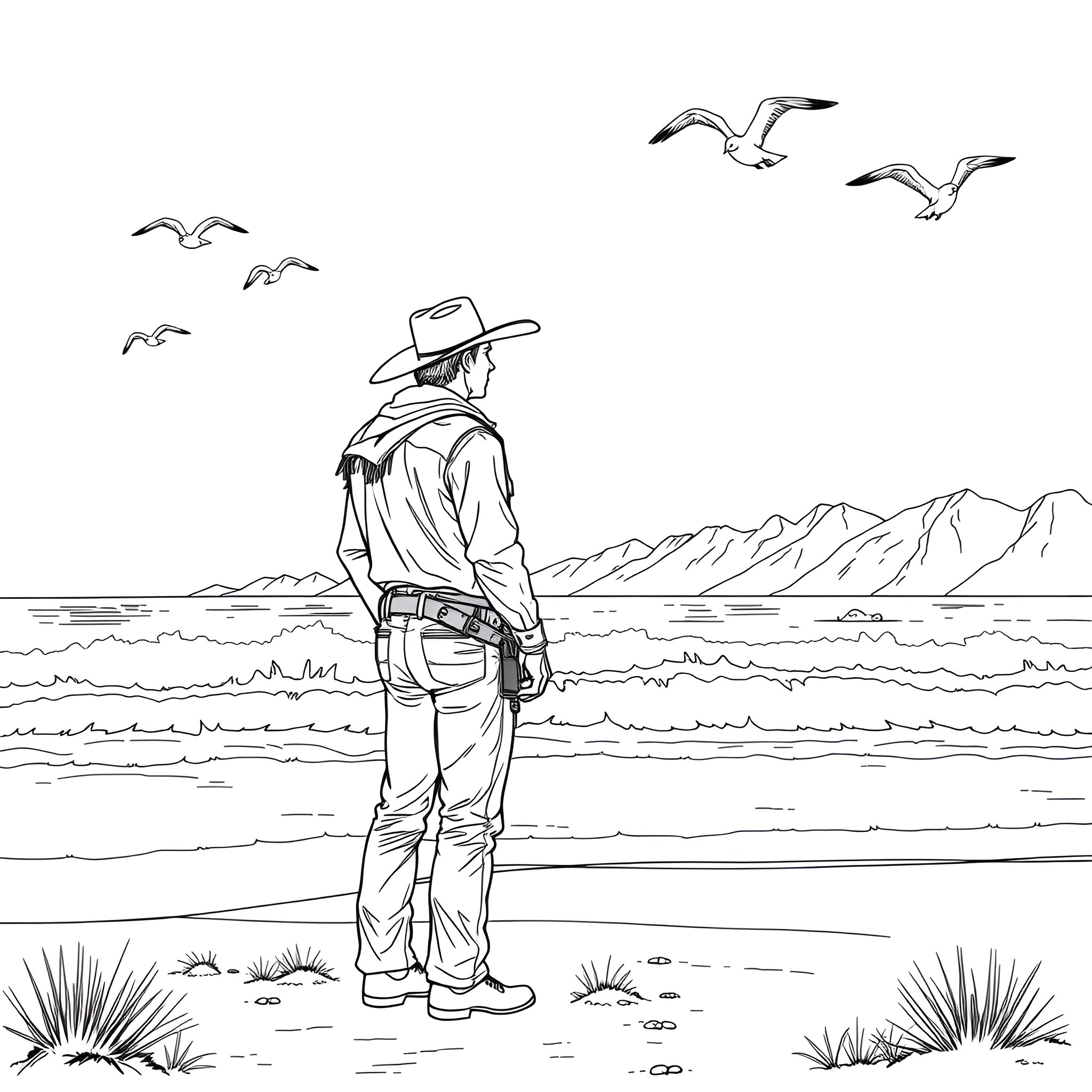 Red Dead Redemption: Lone Cowboy Overlooking Rugged Landscape Coloring Page (free black-and-white line drawing printable PDF for all, from beginners to advanced learners, including children, teens, adults, and seniors)
