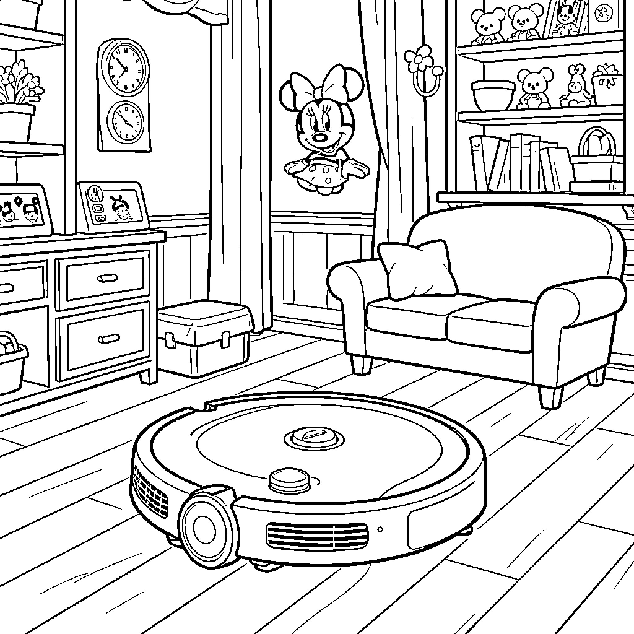 Robot vacuum cleaning a cozy living room scene Coloring Page (free black-and-white line drawing printable PDF for all, from beginners to advanced learners, including children, teens, adults, and seniors)