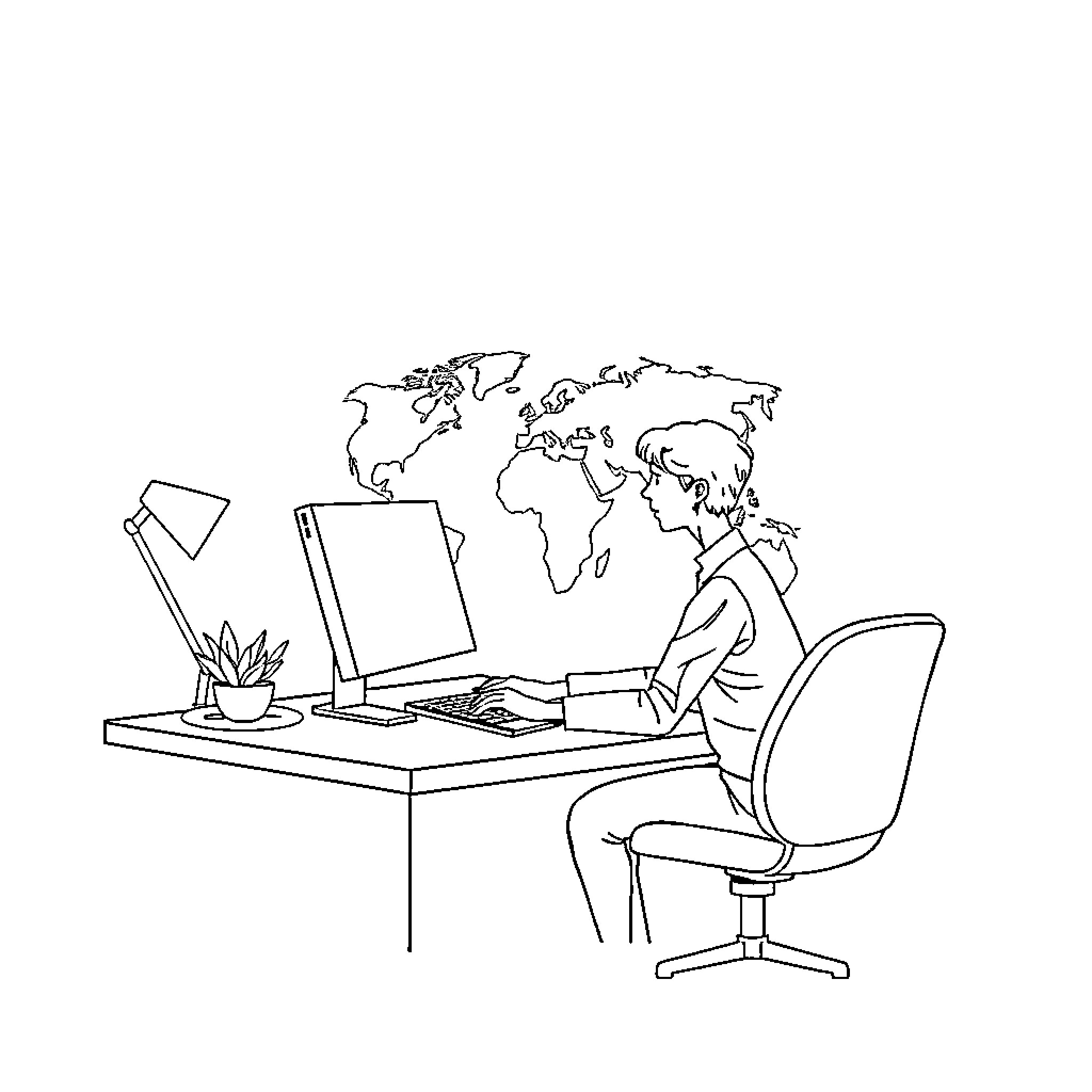 Admin working on computer with world map Coloring Page (free black-and-white line drawing printable PDF for all, from beginners to advanced learners, including children, teens, adults, and seniors)