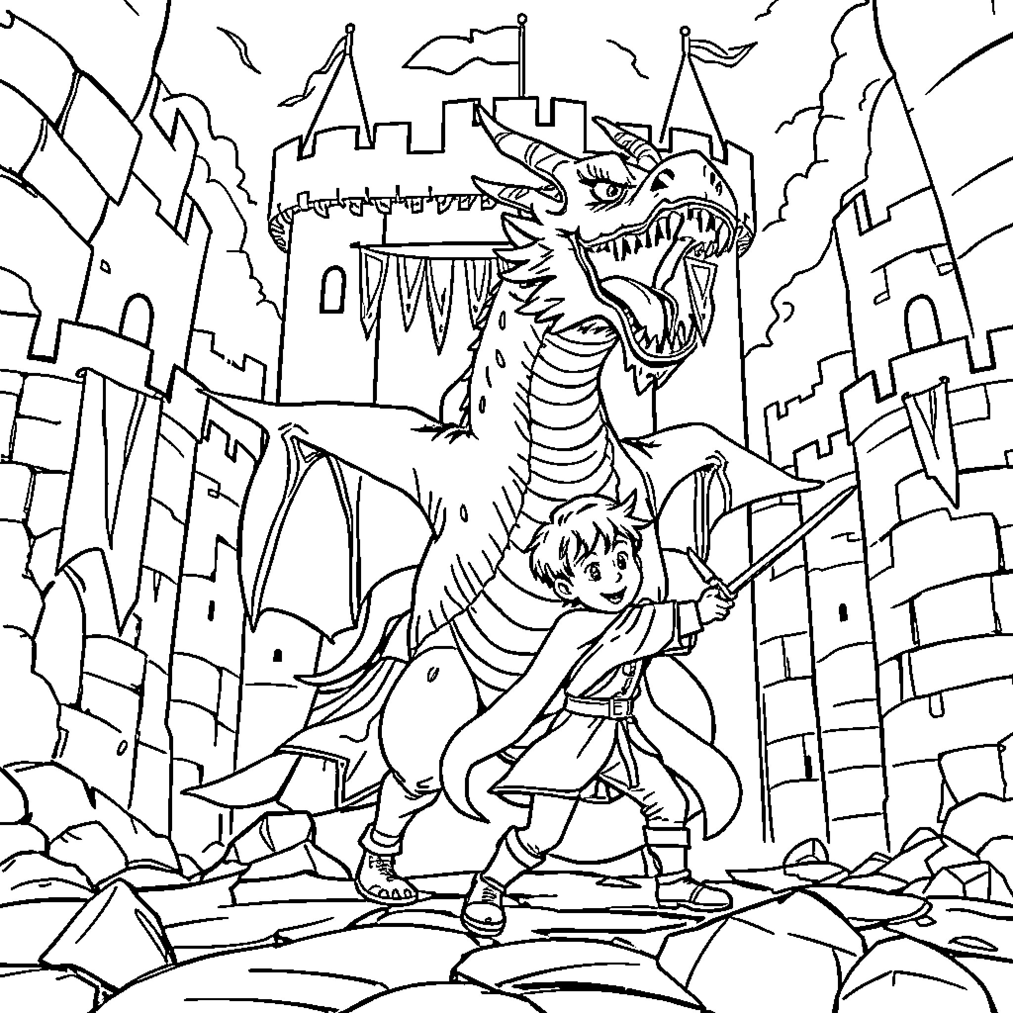 Child battling a fierce dragon in a fantasy castle Coloring Page (free black-and-white line drawing printable PDF for all, from beginners to advanced learners, including children, teens, adults, and seniors)
