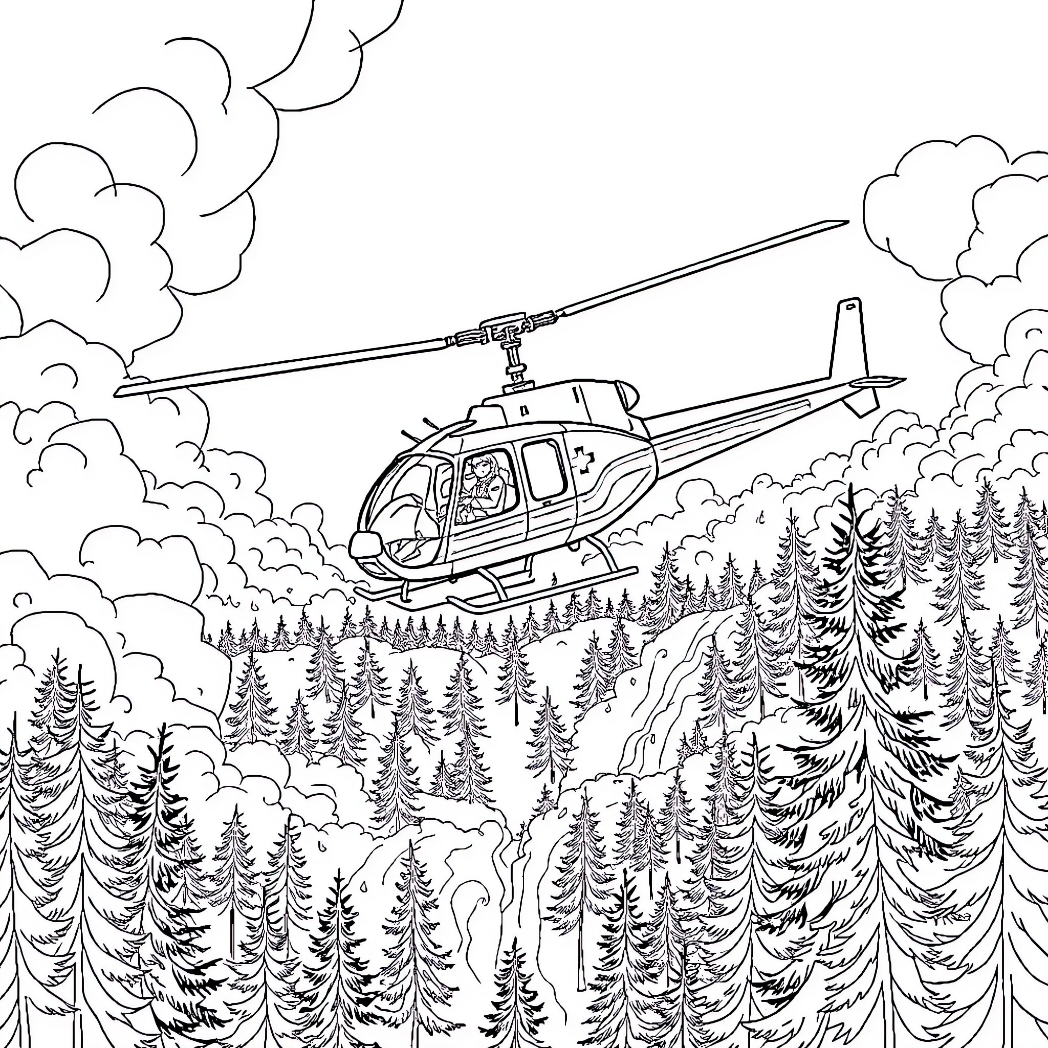 Helicopter flying over a forested landscape Coloring Page (free black-and-white line drawing printable PDF for all, from beginners to advanced learners, including children, teens, adults, and seniors)