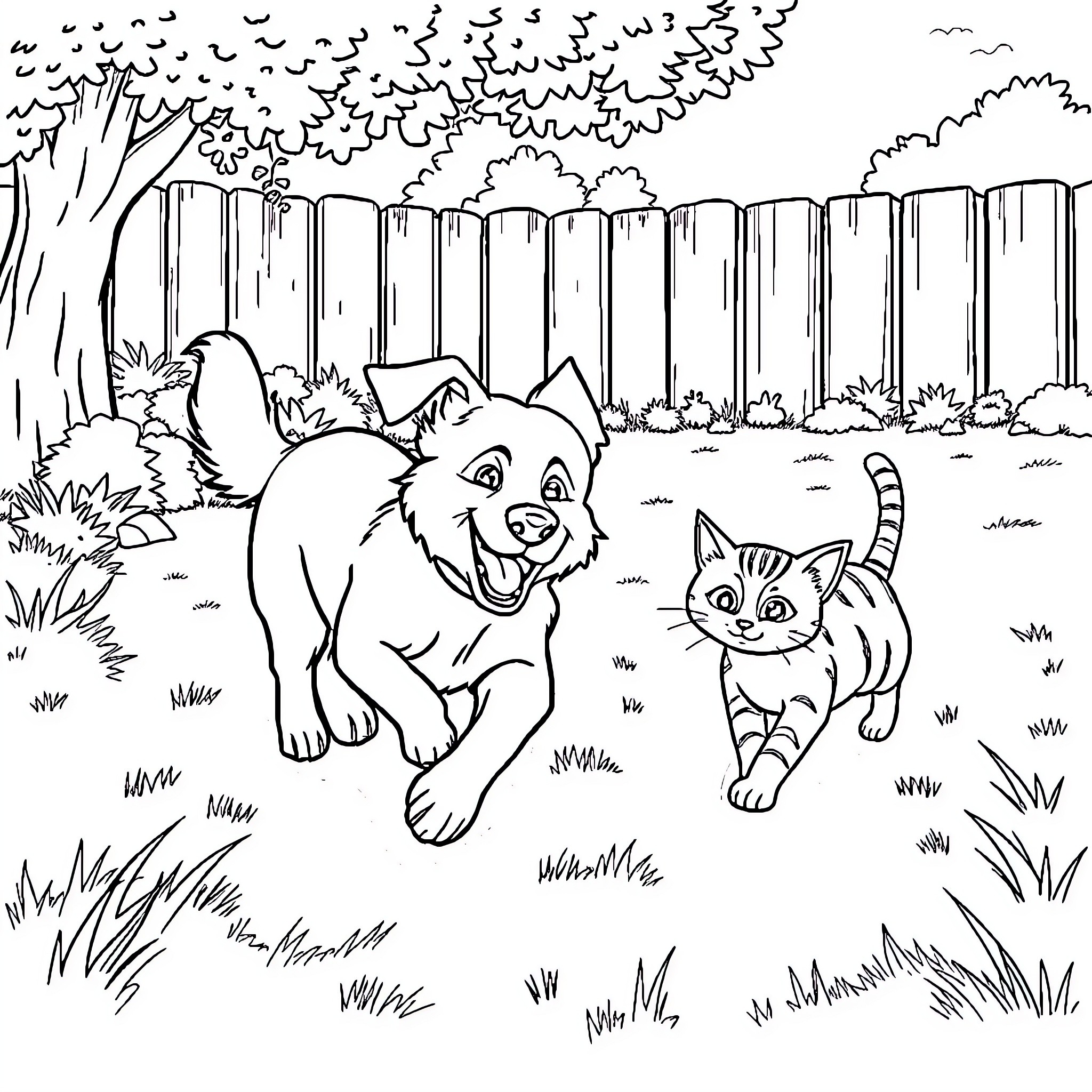Dog and cat playing in the backyard Coloring Page (free black-and-white line drawing printable PDF for all, from beginners to advanced learners, including children, teens, adults, and seniors)
