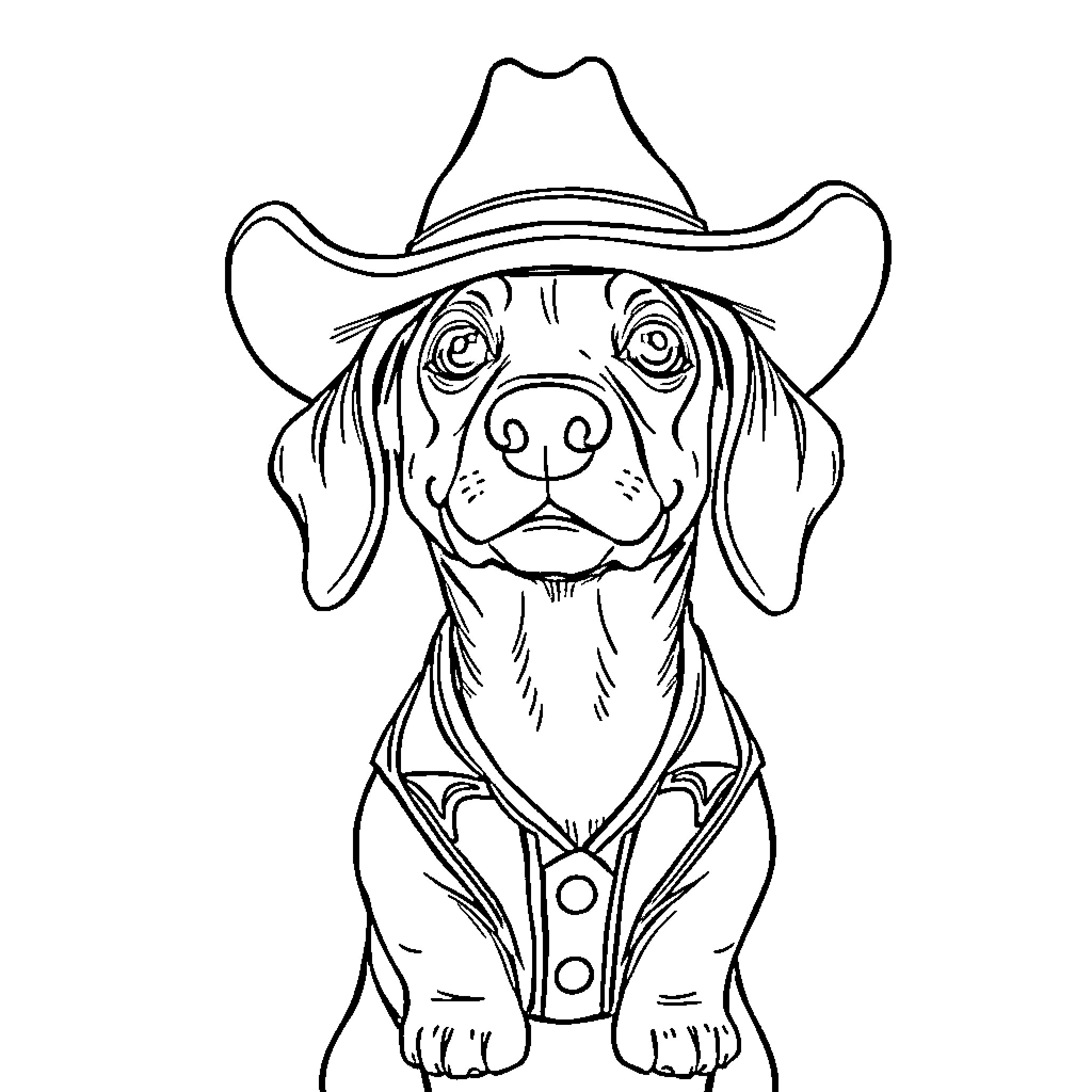 Sausage Dog Wearing Cowboy Hat Coloring Page (free black-and-white line drawing printable PDF for all, from beginners to advanced learners, including children, teens, adults, and seniors)