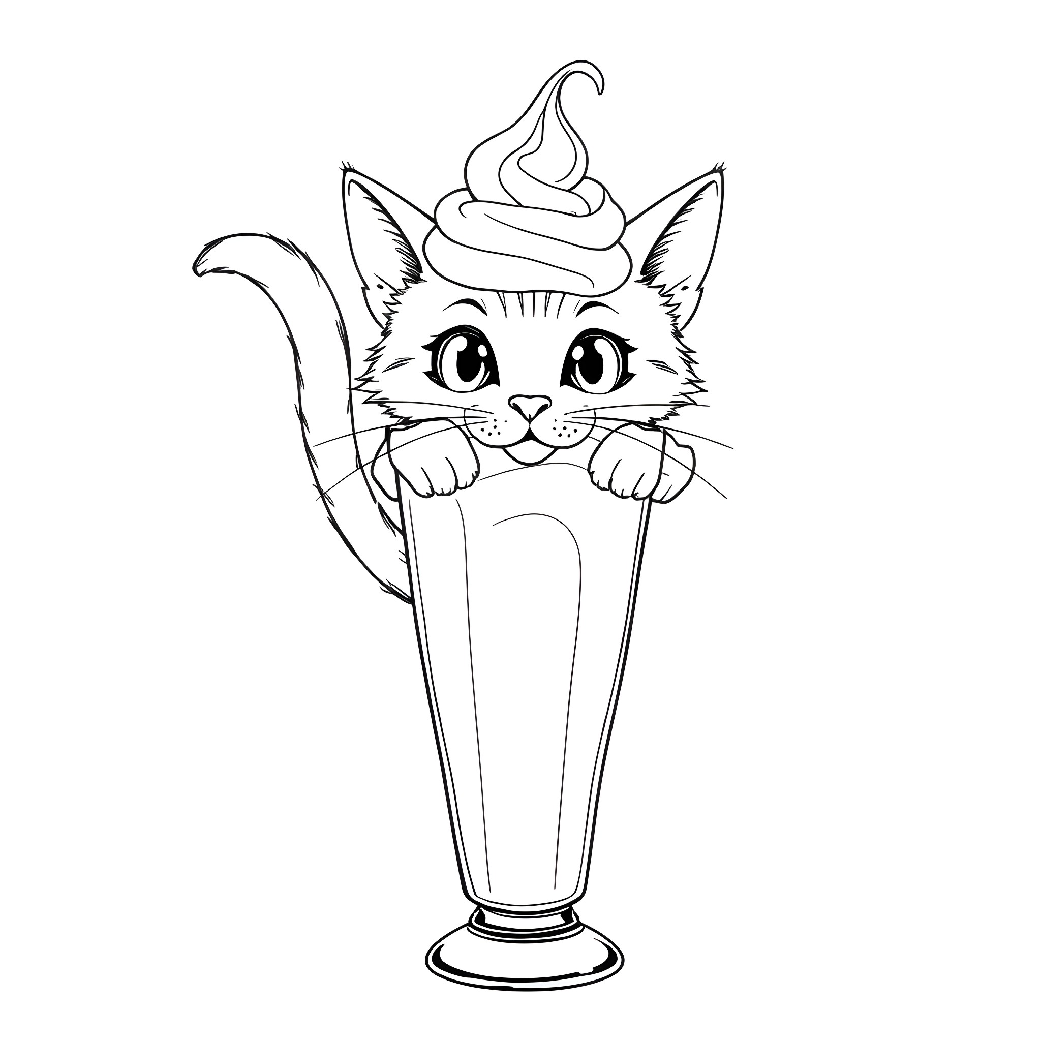 Cat in a Whimsical Dessert Coloring Page (free black-and-white line drawing printable PDF for all, from beginners to advanced learners, including children, teens, adults, and seniors)
