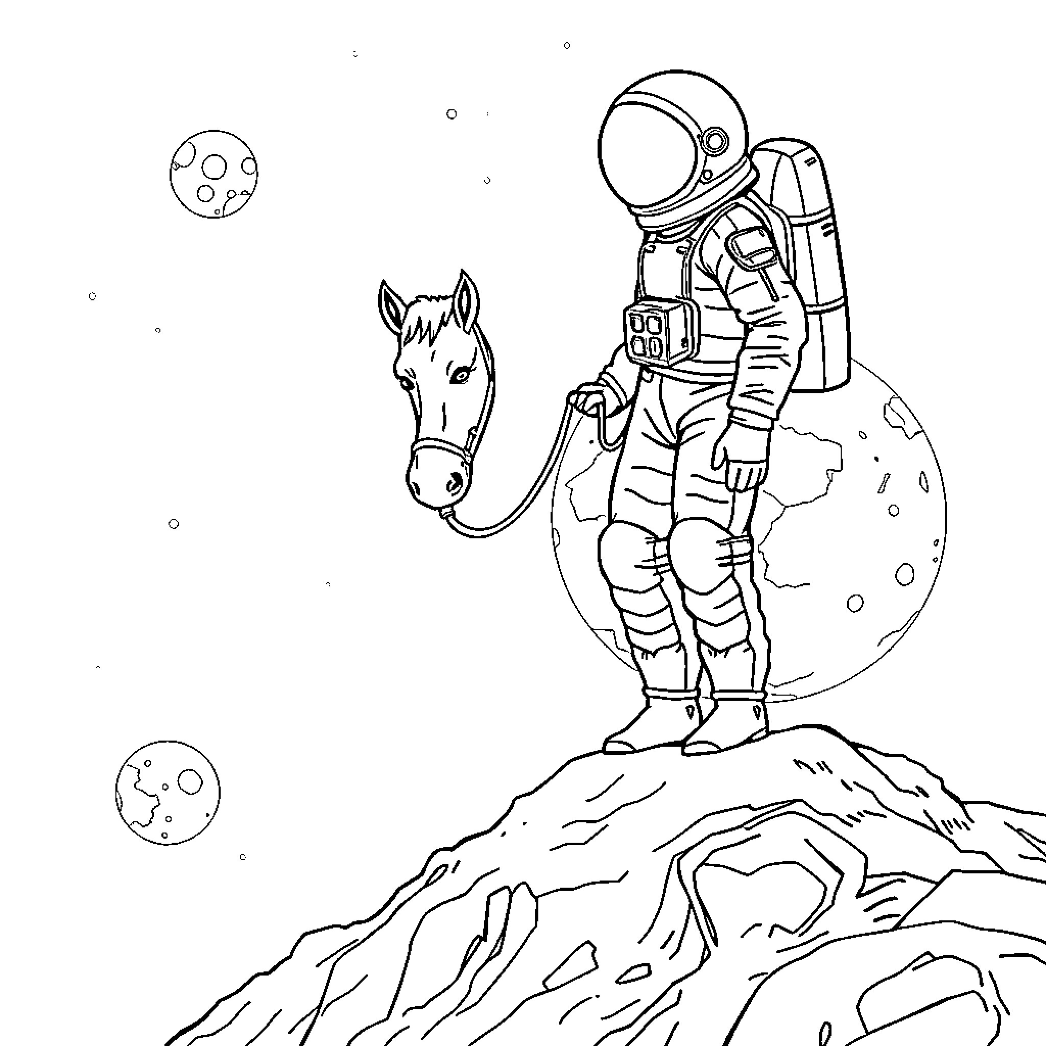 Astronaut exploring alien world with companion Coloring Page (free black-and-white line drawing printable PDF for all, from beginners to advanced learners, including children, teens, adults, and seniors)