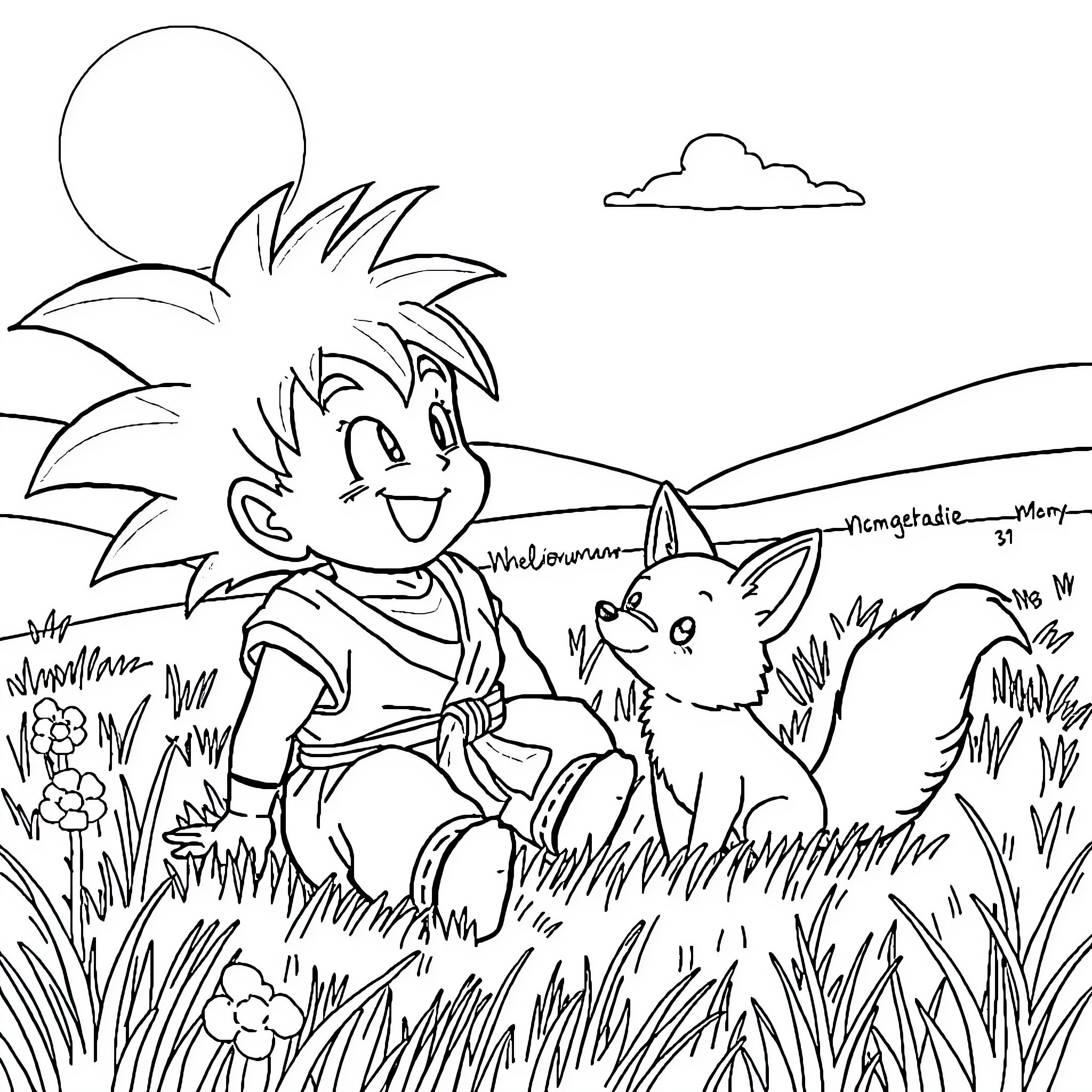 Goku's Playful Adventure with Familiar Animal Friend Coloring Page (free black-and-white line drawing printable PDF for all, from beginners to advanced learners, including children, teens, adults, and seniors)