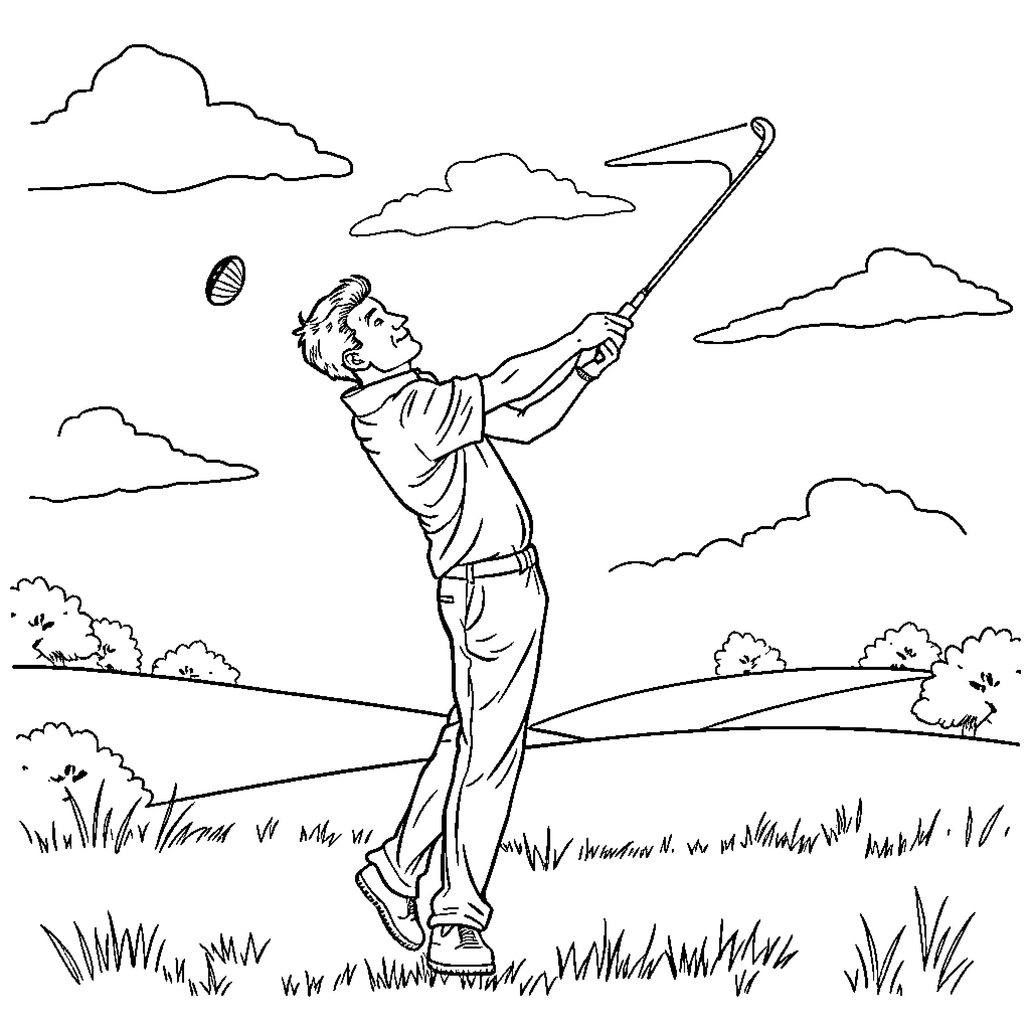 Man playing golf on a sunny day Coloring Page (free black-and-white line drawing printable PDF for all, from beginners to advanced learners, including children, teens, adults, and seniors)