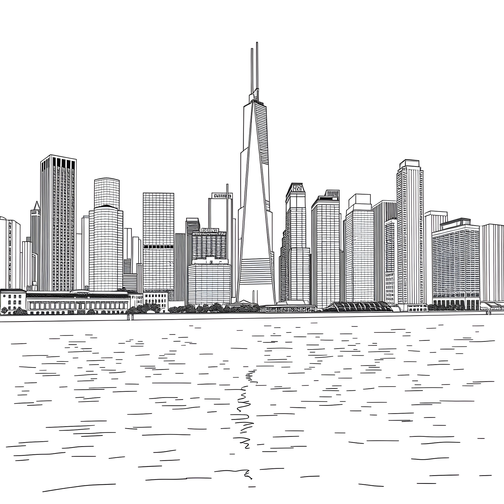 Chicago Skyline with Skyscrapers and Waterfront Coloring Page (free black-and-white line drawing printable PDF for all, from beginners to advanced learners, including children, teens, adults, and seniors)