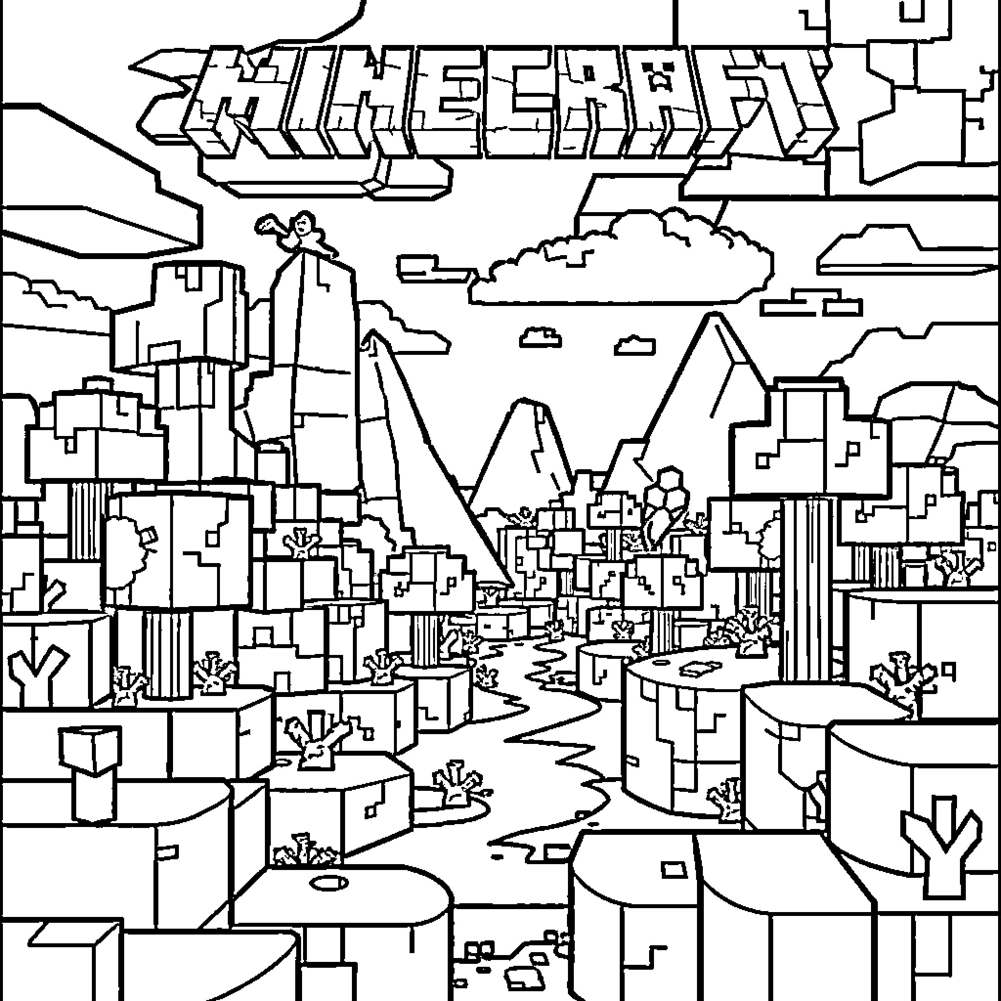 Minecraft Cityscape with Mountainous Terrain Coloring Page (free black-and-white line drawing printable PDF for all, from beginners to advanced learners, including children, teens, adults, and seniors)