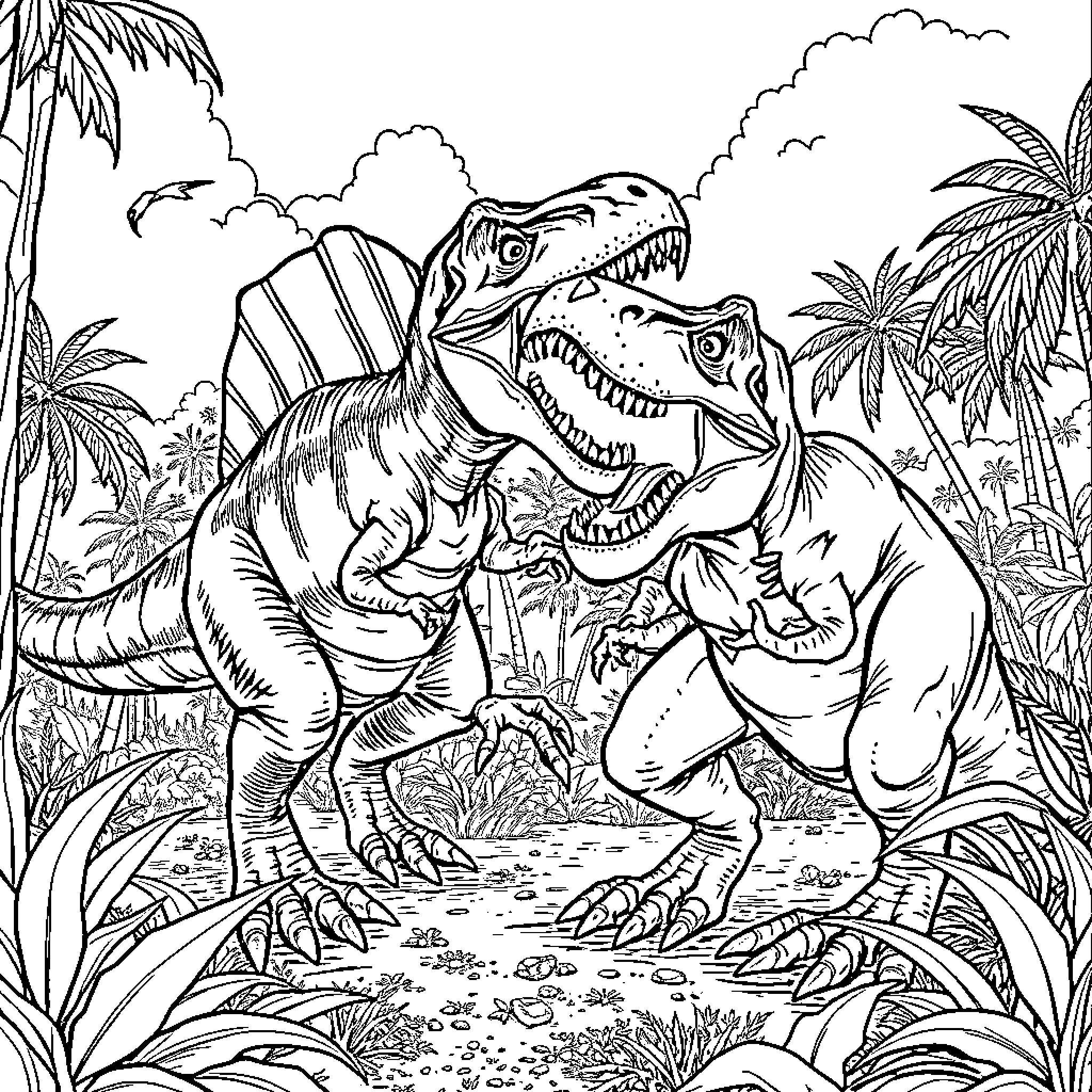 Dinosaur Encounter in Prehistoric Jungle Coloring Page (free black-and-white line drawing printable PDF for all, from beginners to advanced learners, including children, teens, adults, and seniors)