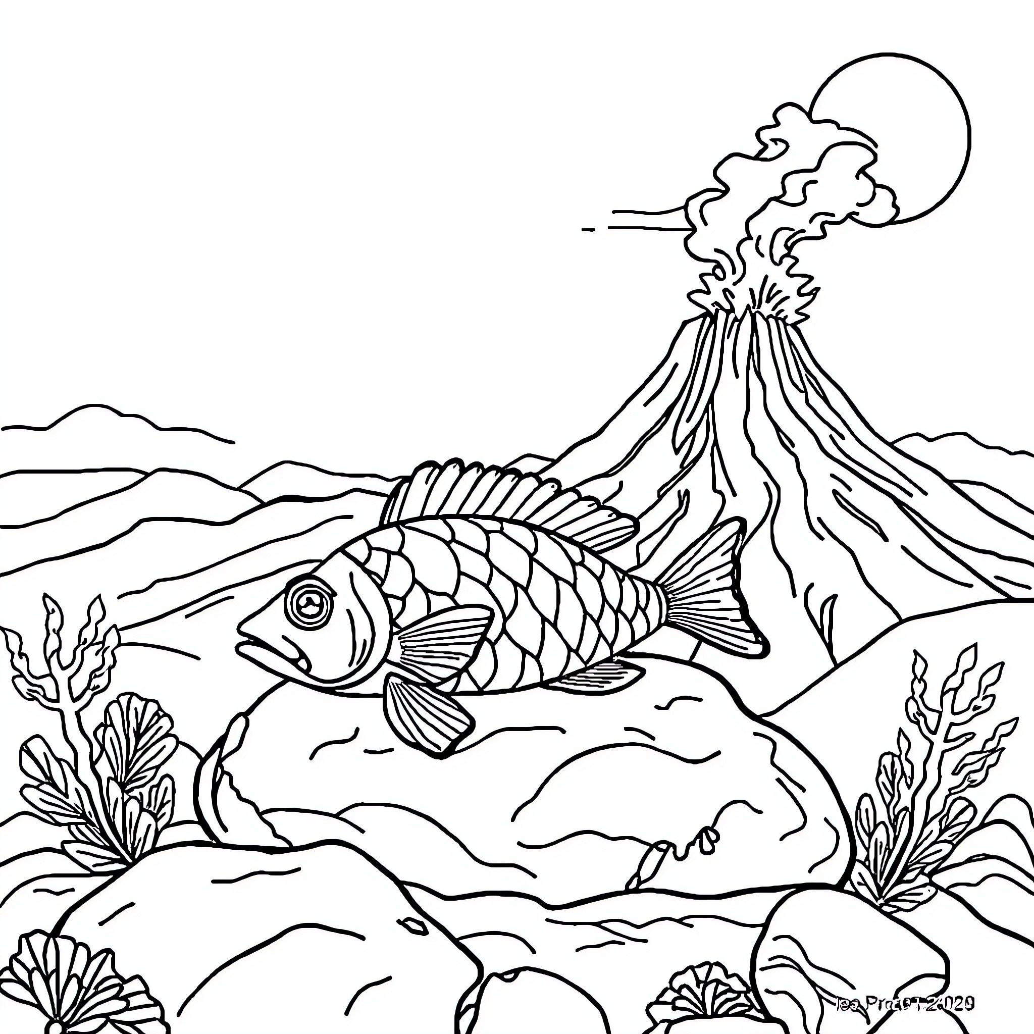 Fish swimming near erupting volcano Coloring Page (free black-and-white line drawing printable PDF for all, from beginners to advanced learners, including children, teens, adults, and seniors)