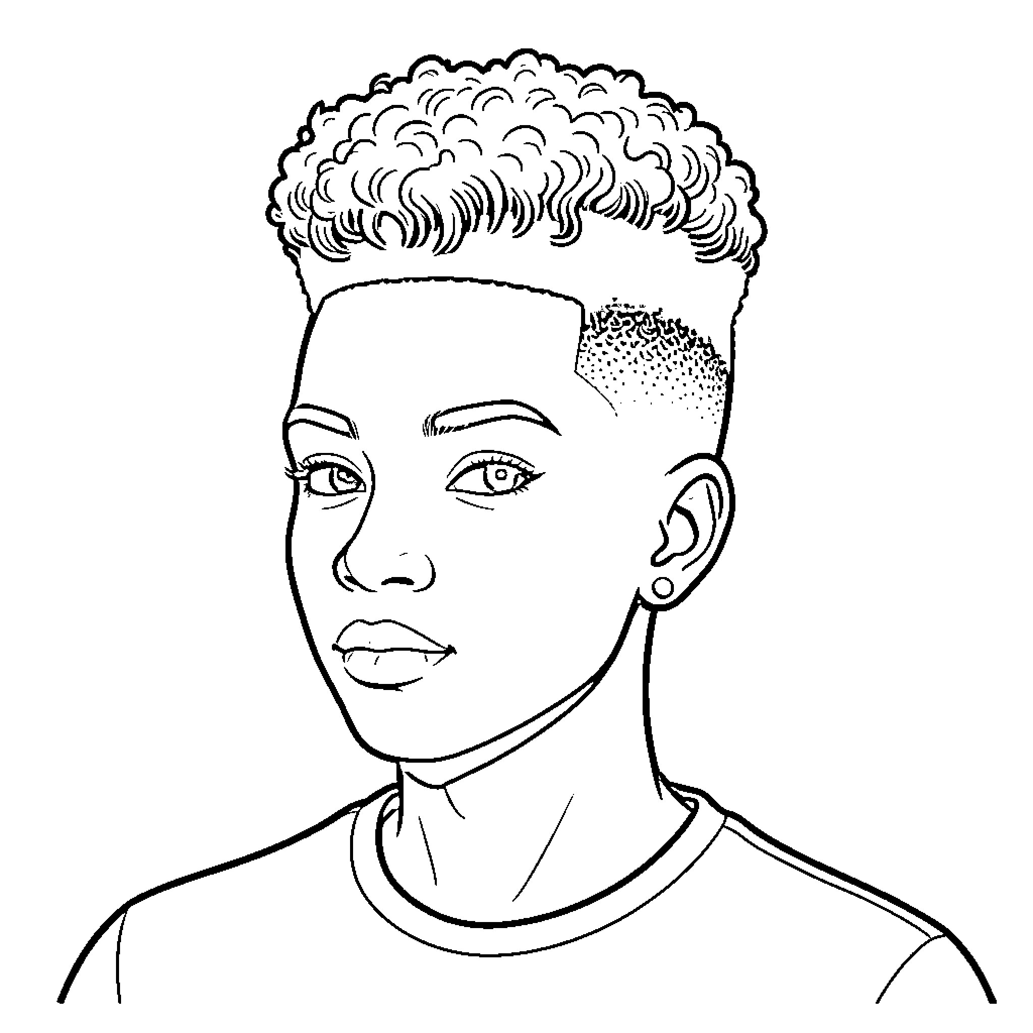 Person with curly hairstyle and serious expression Coloring Page (free black-and-white line drawing printable PDF for all, from beginners to advanced learners, including children, teens, adults, and seniors)