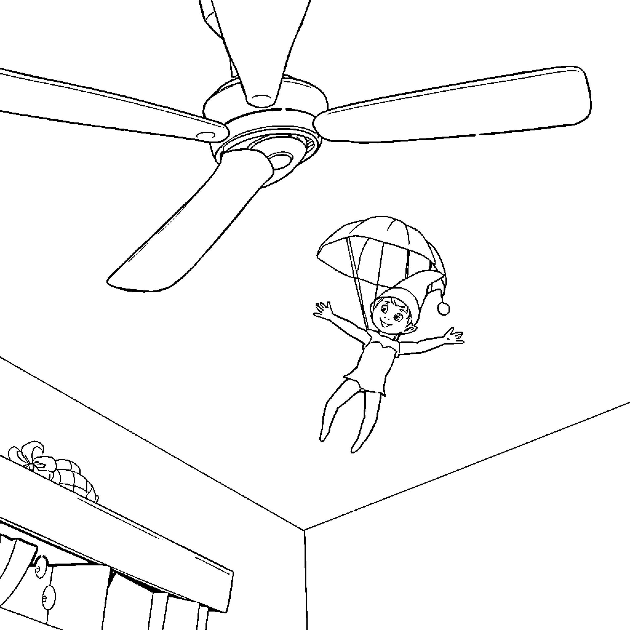 Elf jumping with parachute under ceiling fan Coloring Page (free black-and-white line drawing printable PDF for all, from beginners to advanced learners, including children, teens, adults, and seniors)
