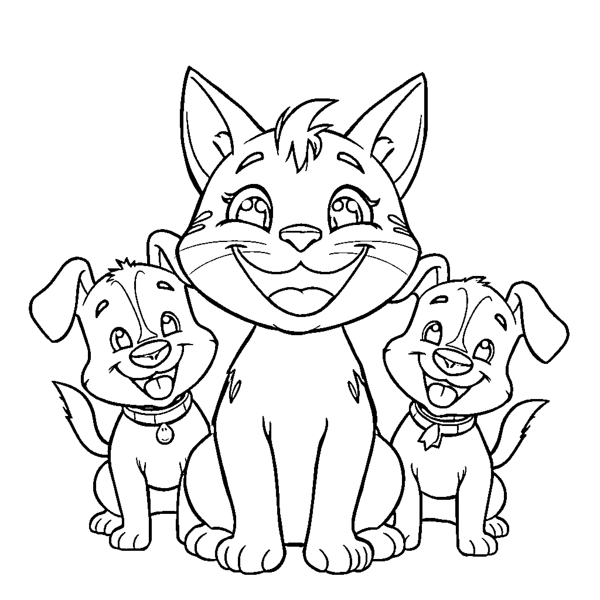 Cat and Dog Trio Enjoying a Playful Moment Coloring Page (free black-and-white line drawing printable PDF for all, from beginners to advanced learners, including children, teens, adults, and seniors)