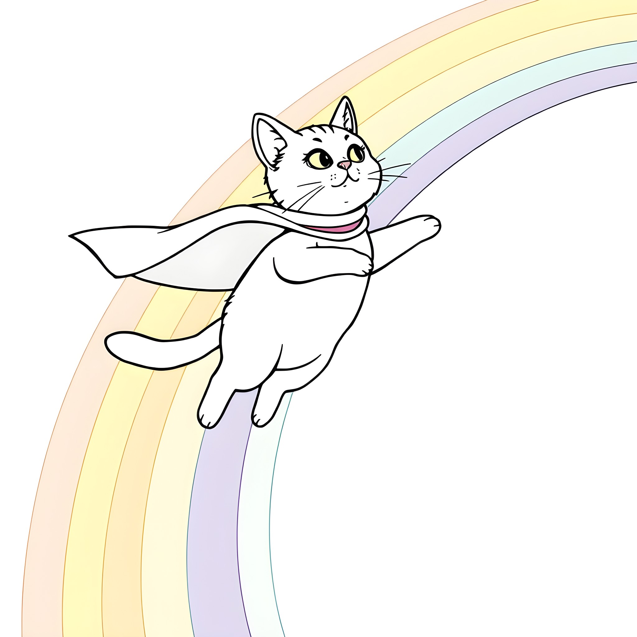 Cat flying over a rainbow Coloring Page (free black-and-white line drawing printable PDF for all, from beginners to advanced learners, including children, teens, adults, and seniors)
