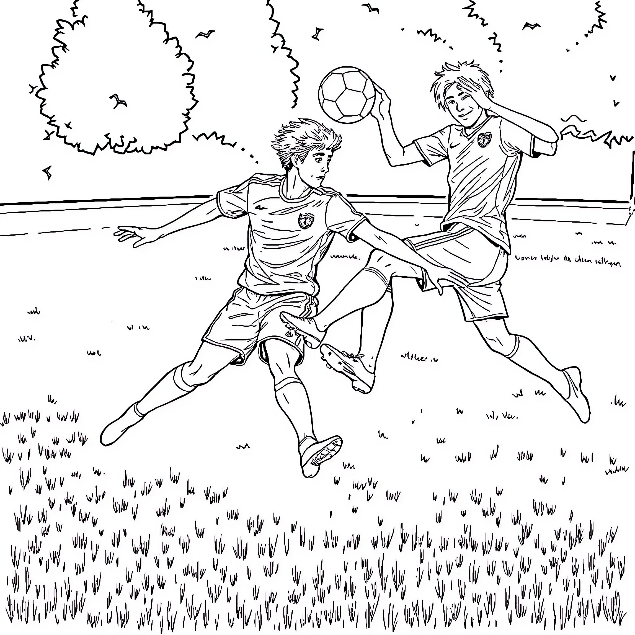 Futbol Players Competing in an Outdoor Match Coloring Page (free black-and-white line drawing printable PDF for all, from beginners to advanced learners, including children, teens, adults, and seniors)
