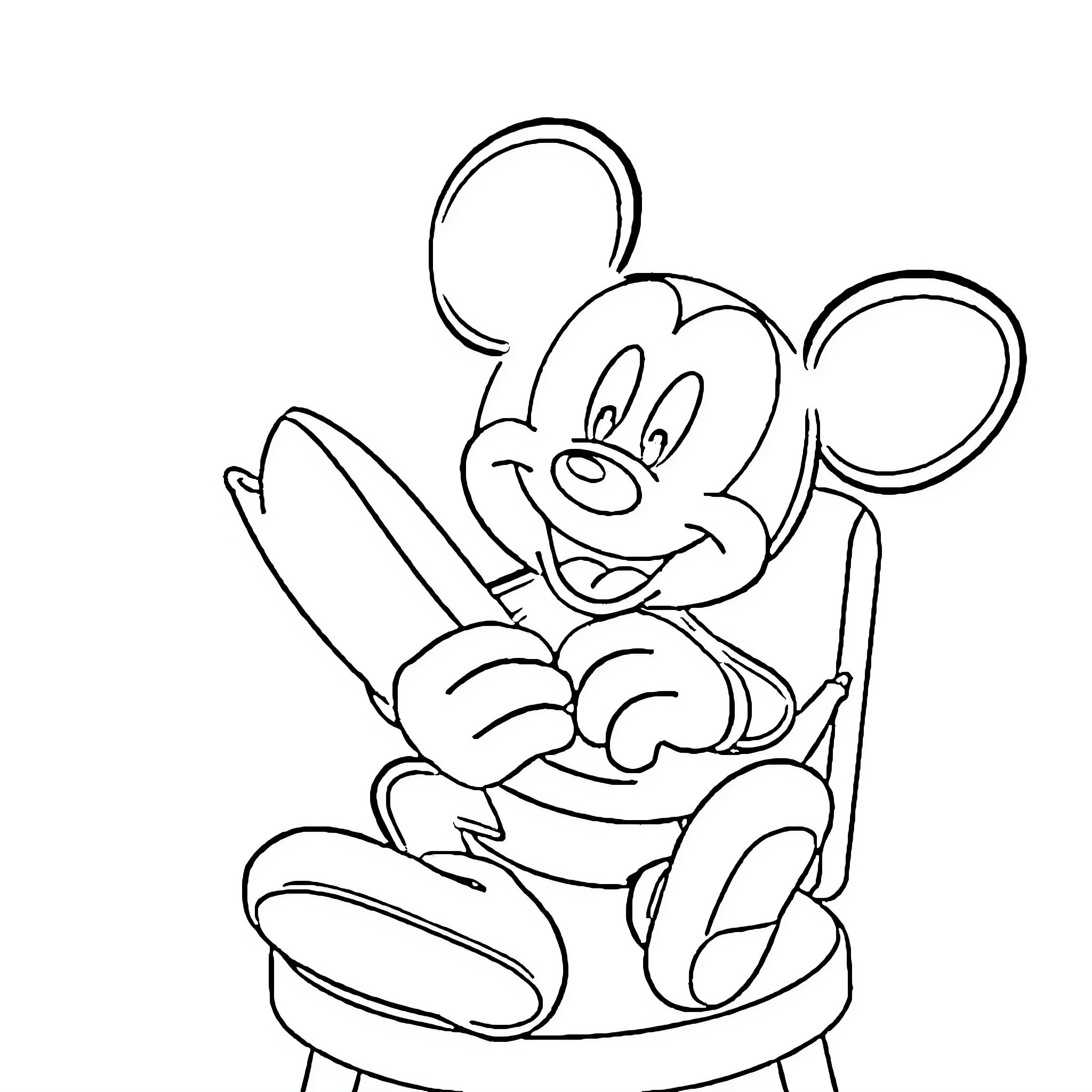 Mickey Mouse sitting in a chair Coloring Page (free black-and-white line drawing printable PDF for all, from beginners to advanced learners, including children, teens, adults, and seniors)