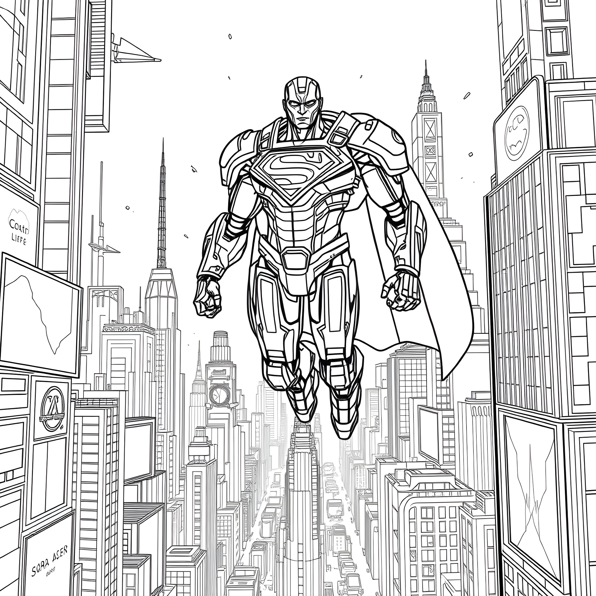 Mecha Superman soaring over the city skyline Coloring Page (free black-and-white line drawing printable PDF for all, from beginners to advanced learners, including children, teens, adults, and seniors)