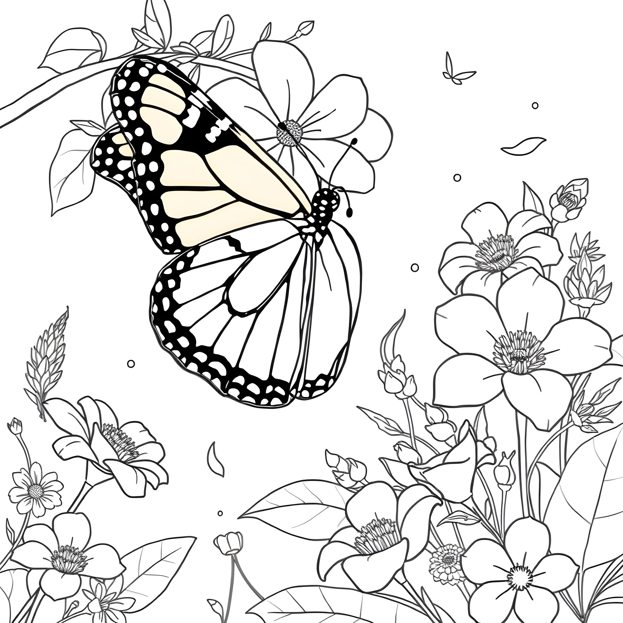 Butterfly among Blooming Flowers Coloring Page (free black-and-white line drawing printable PDF for all, from beginners to advanced learners, including children, teens, adults, and seniors)