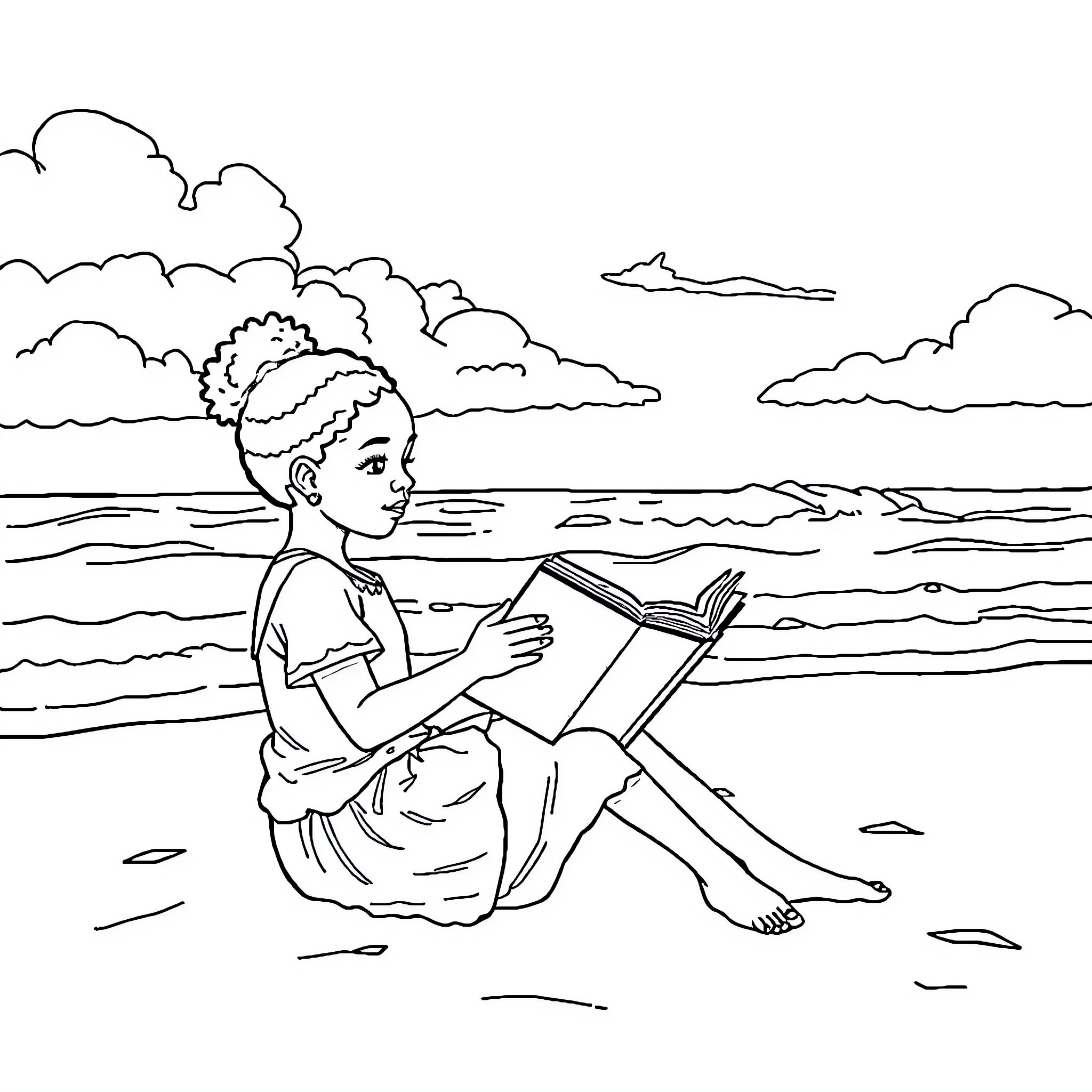 Girl reading a book by the seaside Coloring Page (free black-and-white line drawing printable PDF for all, from beginners to advanced learners, including children, teens, adults, and seniors)