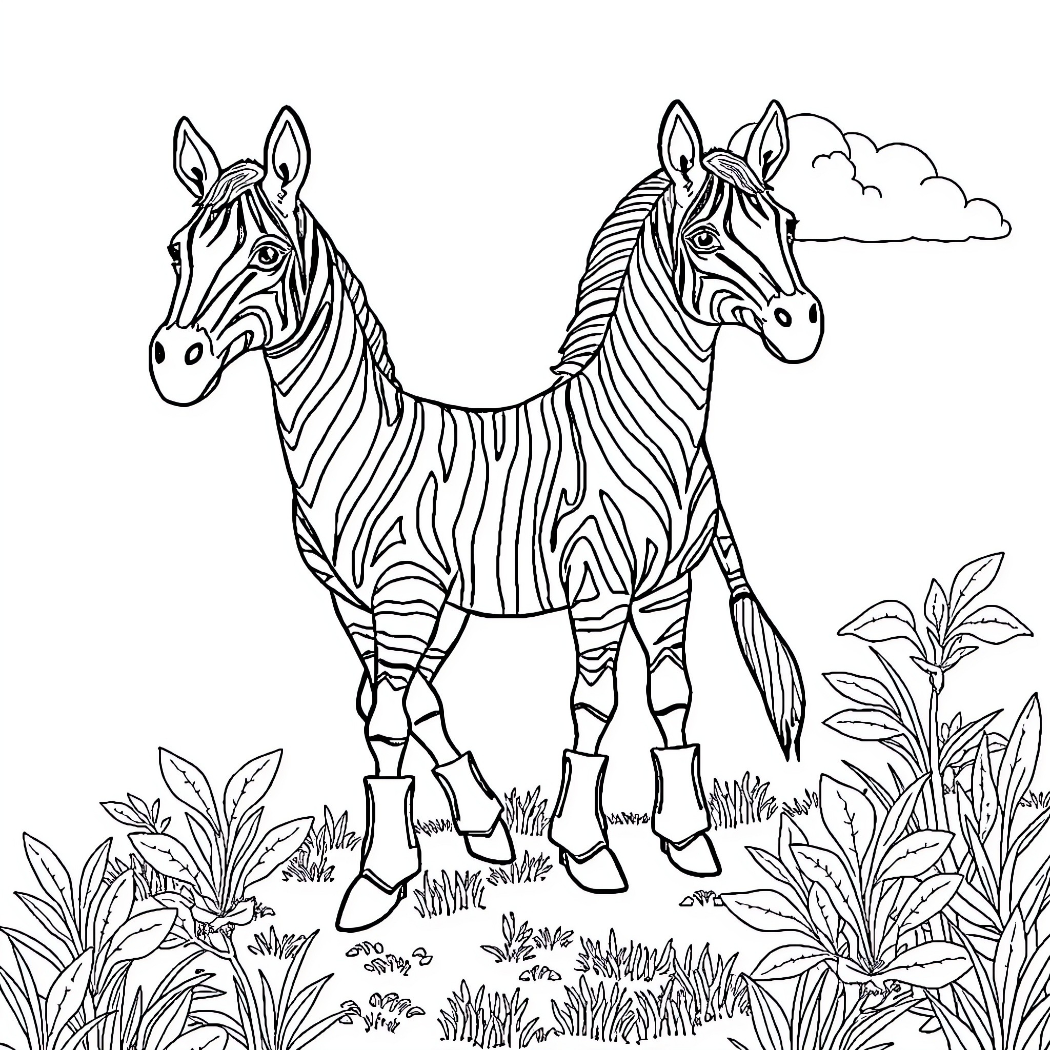 Raccoon Zebras enjoying the wilderness Coloring Page (free black-and-white line drawing printable PDF for all, from beginners to advanced learners, including children, teens, adults, and seniors)