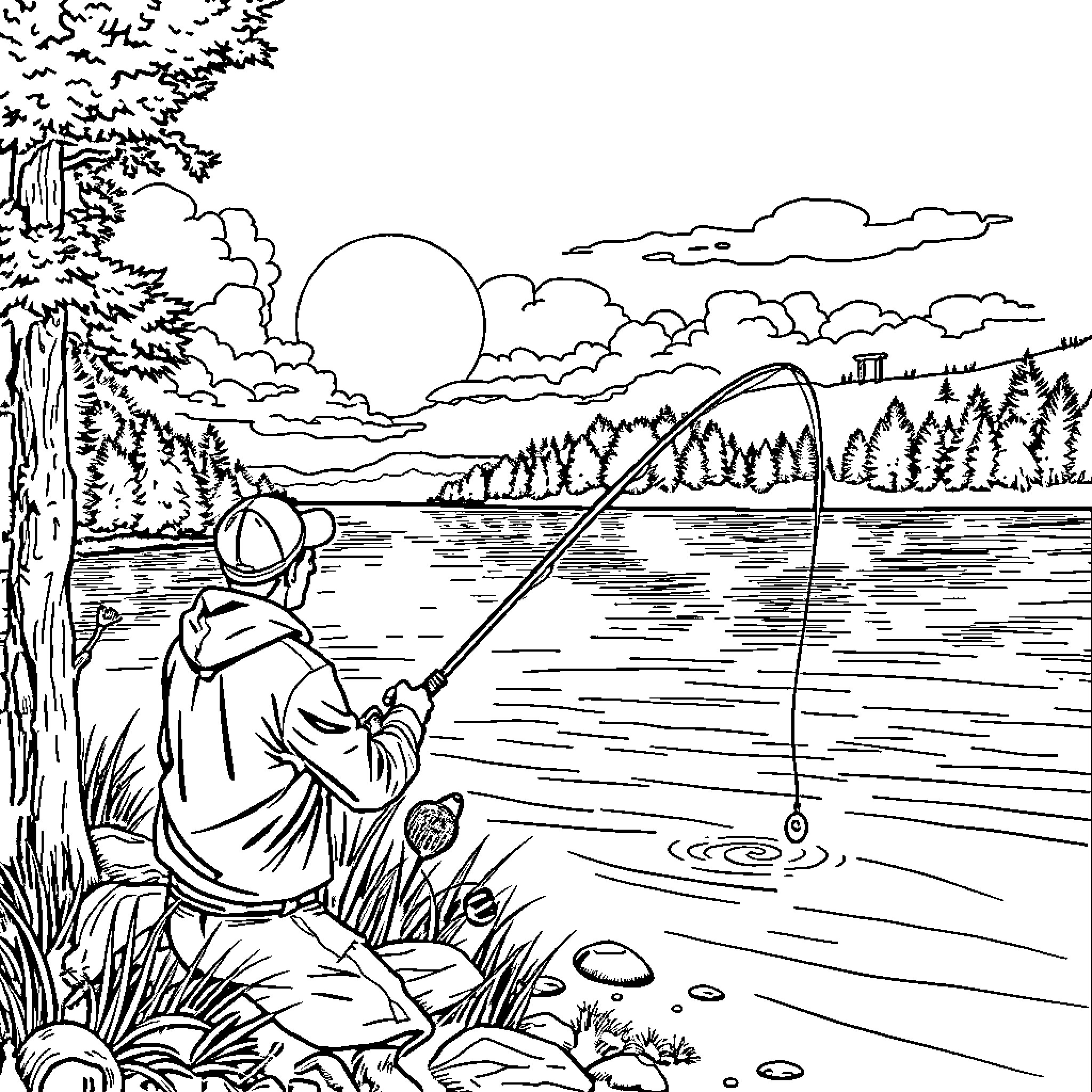 Fishing in serene forest landscape Coloring Page (free black-and-white line drawing printable PDF for all, from beginners to advanced learners, including children, teens, adults, and seniors)