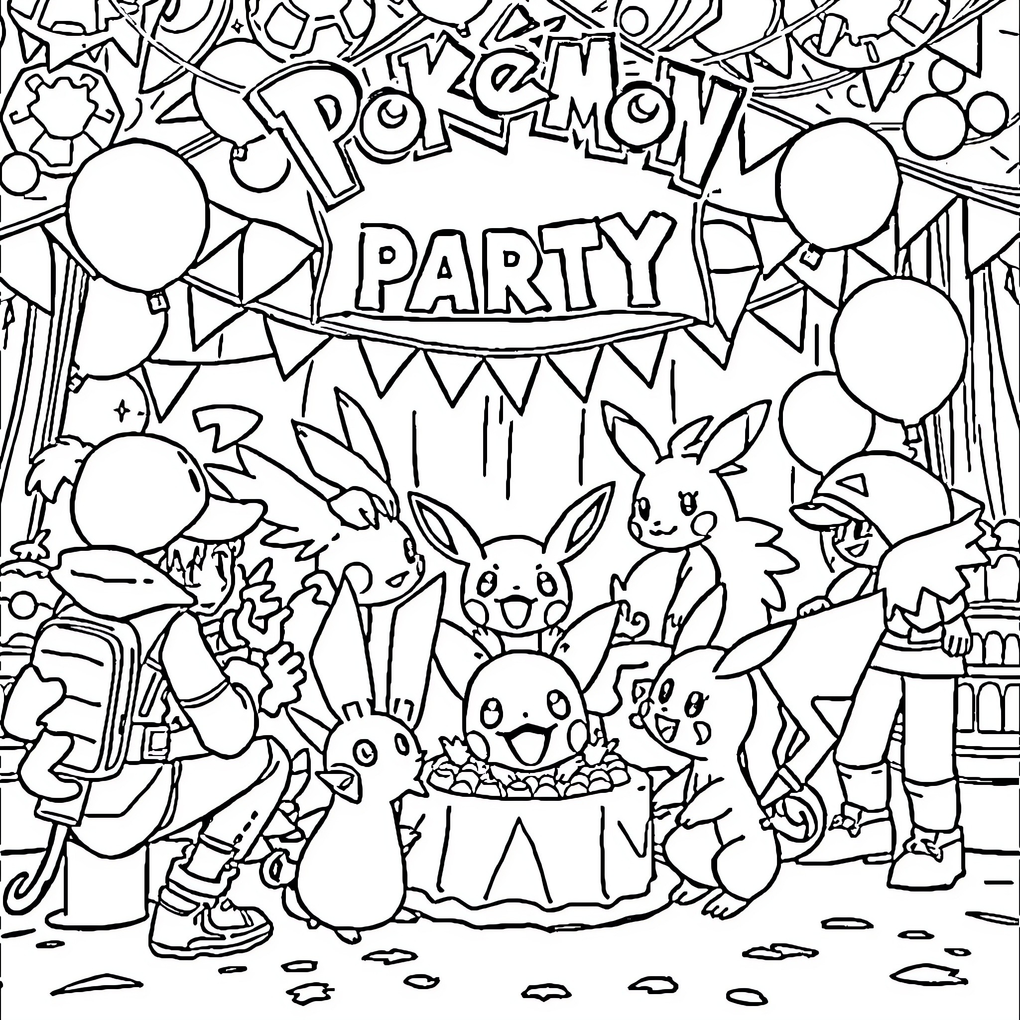 Pokémon Party with Balloons and Decorations Coloring Page (free black-and-white line drawing printable PDF for all, from beginners to advanced learners, including children, teens, adults, and seniors)