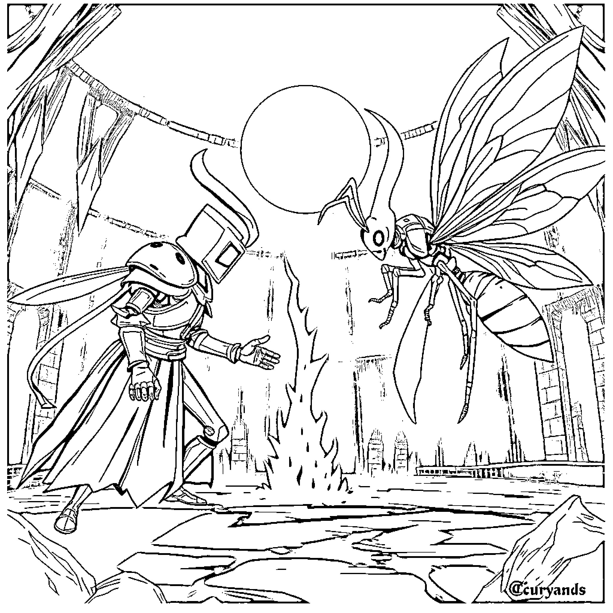 Hollow Knight's battle against a giant insect in a fantasy setting Coloring Page (free black-and-white line drawing printable PDF for all, from beginners to advanced learners, including children, teens, adults, and seniors)
