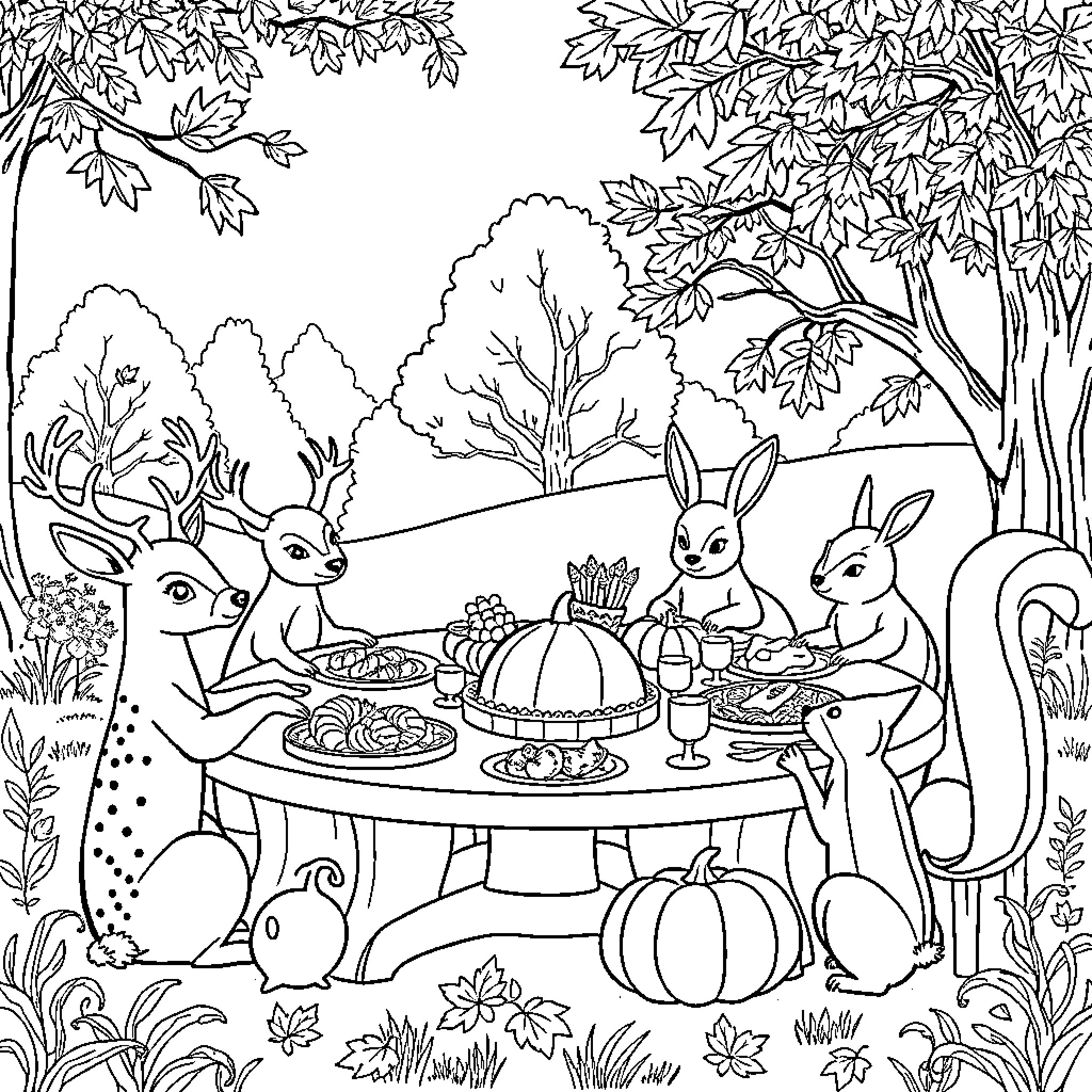 Animal Forest Picnic Scene Coloring Page (free black-and-white line drawing printable PDF for all, from beginners to advanced learners, including children, teens, adults, and seniors)