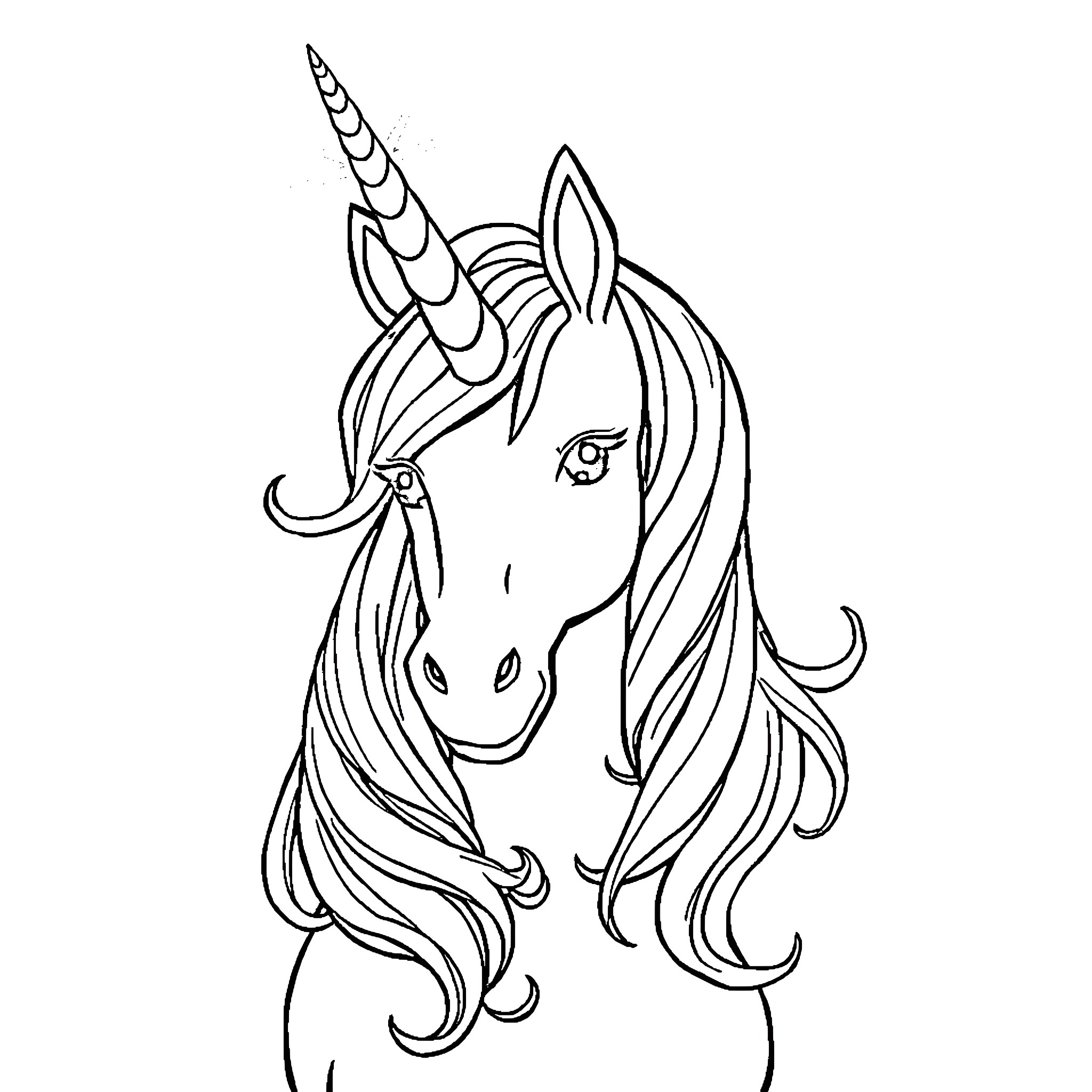 Unicorn with flowing mane and horn Coloring Page (free black-and-white line drawing printable PDF for all, from beginners to advanced learners, including children, teens, adults, and seniors)
