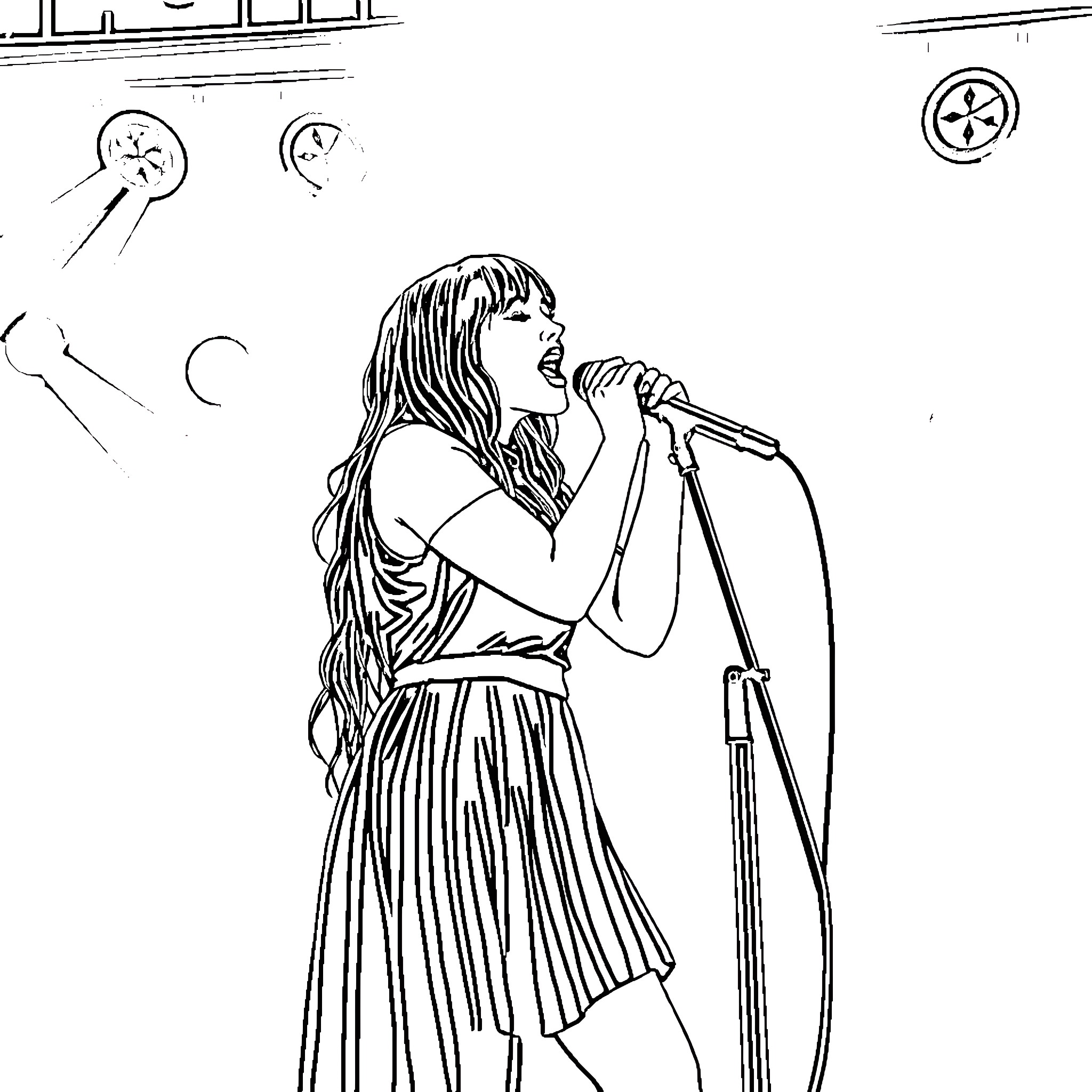 Billie Eilish performing on stage with microphone Coloring Page (free black-and-white line drawing printable PDF for all, from beginners to advanced learners, including children, teens, adults, and seniors)