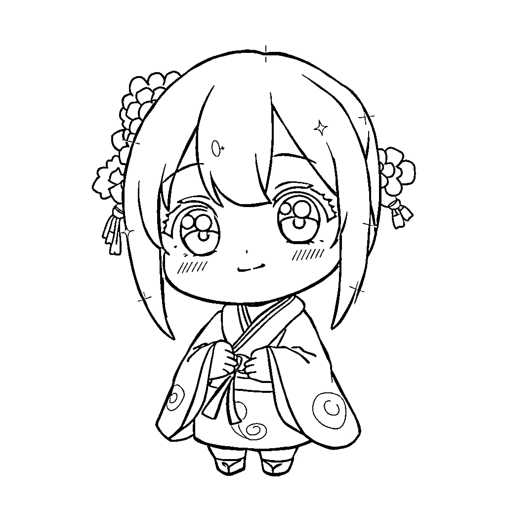 Nezuko in Traditional Japanese Outfit Coloring Page (free black-and-white line drawing printable PDF for all, from beginners to advanced learners, including children, teens, adults, and seniors)