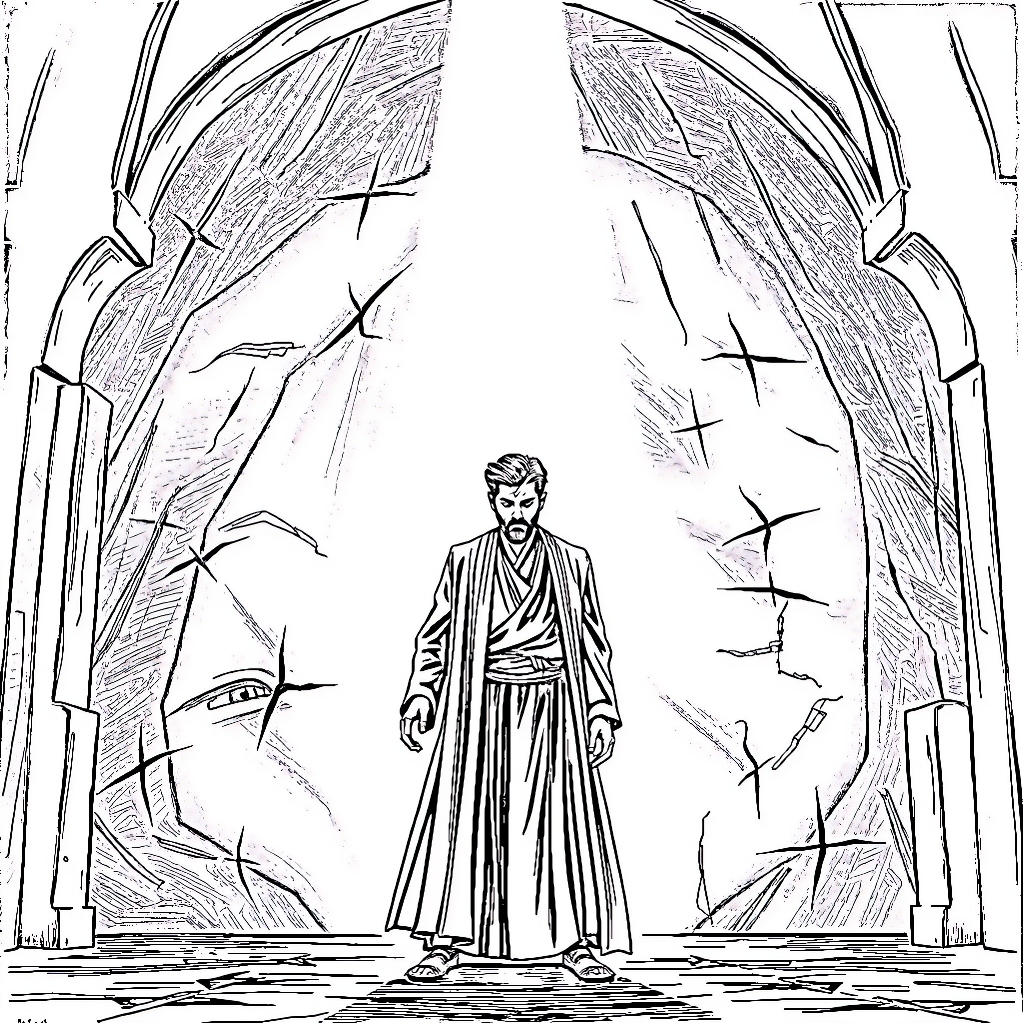 Mir Qasim standing tall in a mystical realm Coloring Page (free black-and-white line drawing printable PDF for all, from beginners to advanced learners, including children, teens, adults, and seniors)