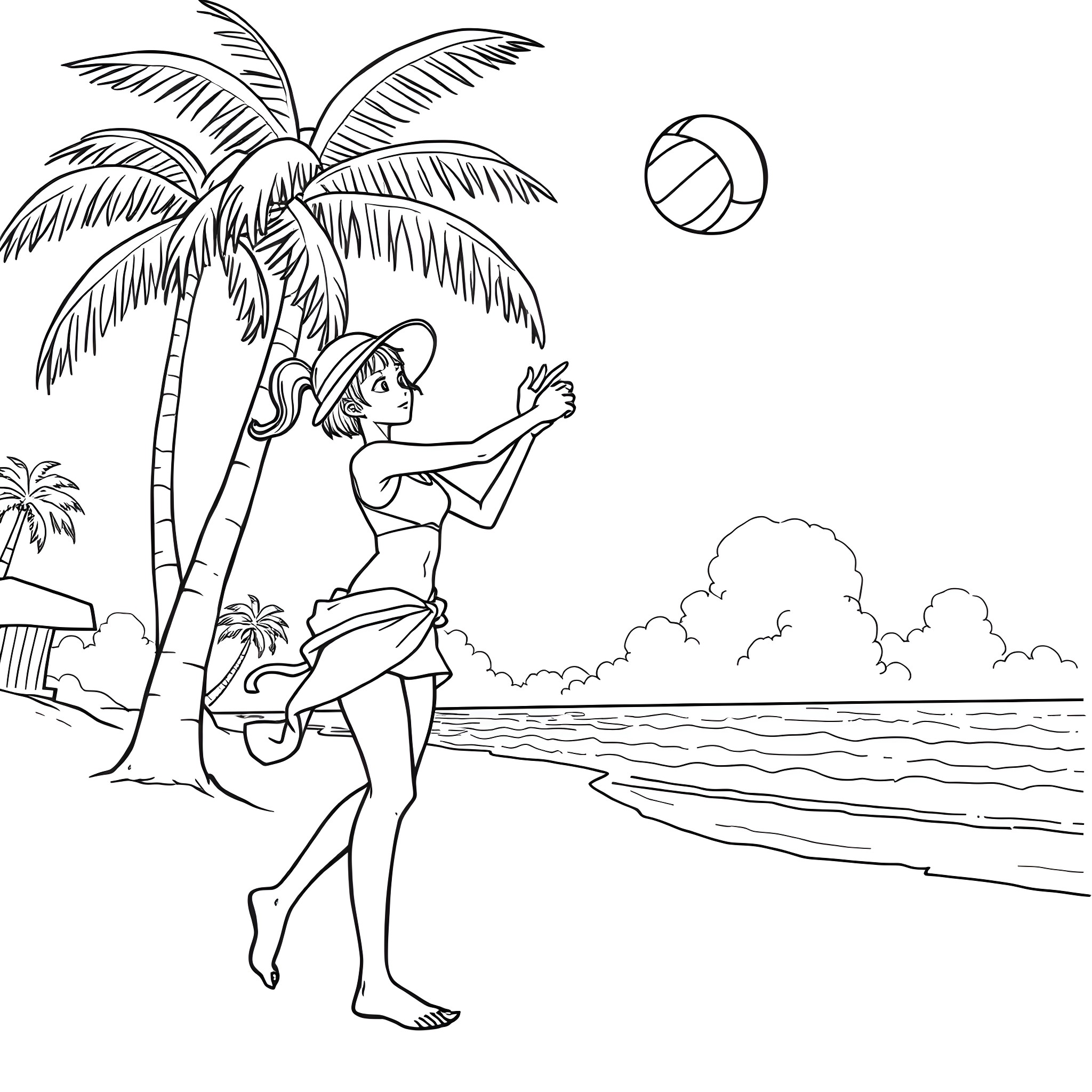 Nami playing volleyball on a tropical beach Coloring Page (free black-and-white line drawing printable PDF for all, from beginners to advanced learners, including children, teens, adults, and seniors)