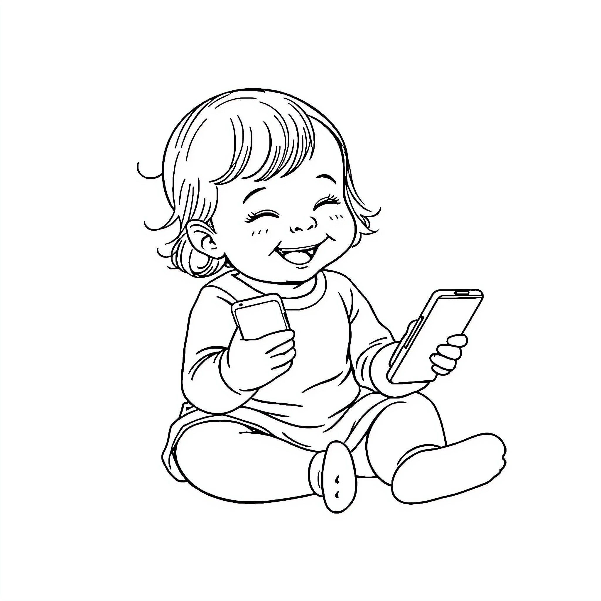 Baby Girl Playing with Smartphone Happily Coloring Page (free black-and-white line drawing printable PDF for all, from beginners to advanced learners, including children, teens, adults, and seniors)