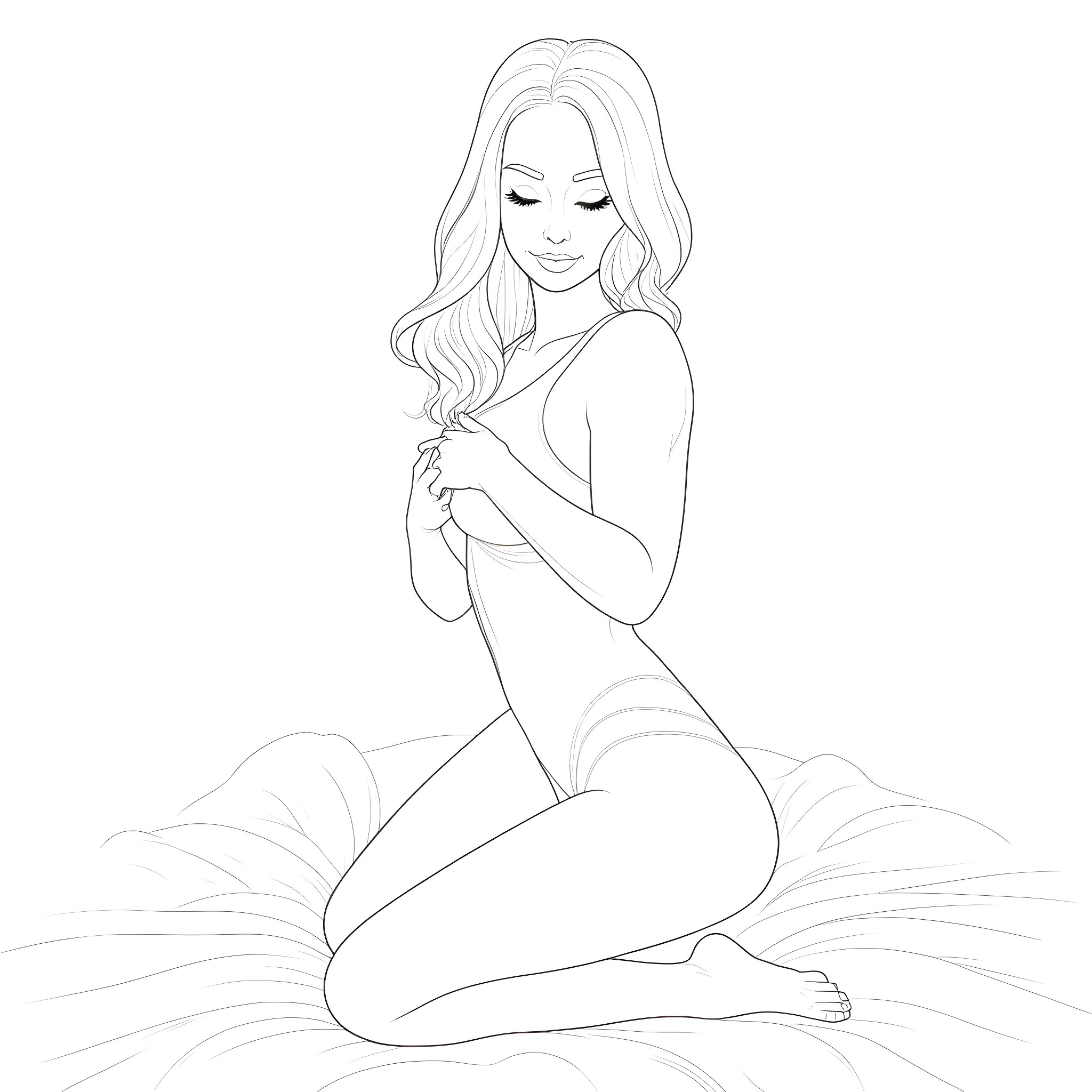 Model posing elegantly on bed Coloring Page (free black-and-white line drawing printable PDF for all, from beginners to advanced learners, including children, teens, adults, and seniors)