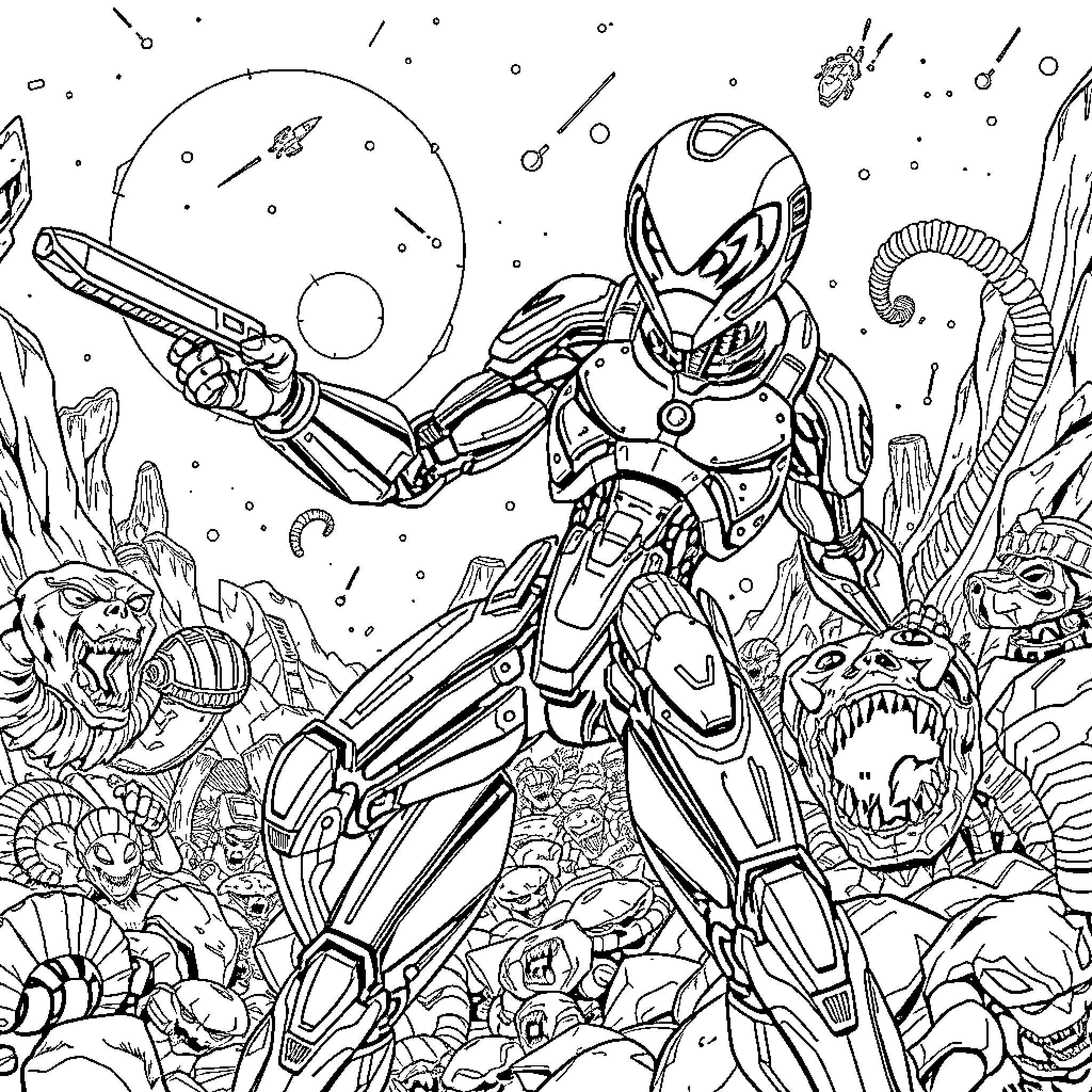 Cyborg Warrior Battles Hostile Alien Creatures in Cosmic Landscape Coloring Page (free black-and-white line drawing printable PDF for all, from beginners to advanced learners, including children, teens, adults, and seniors)