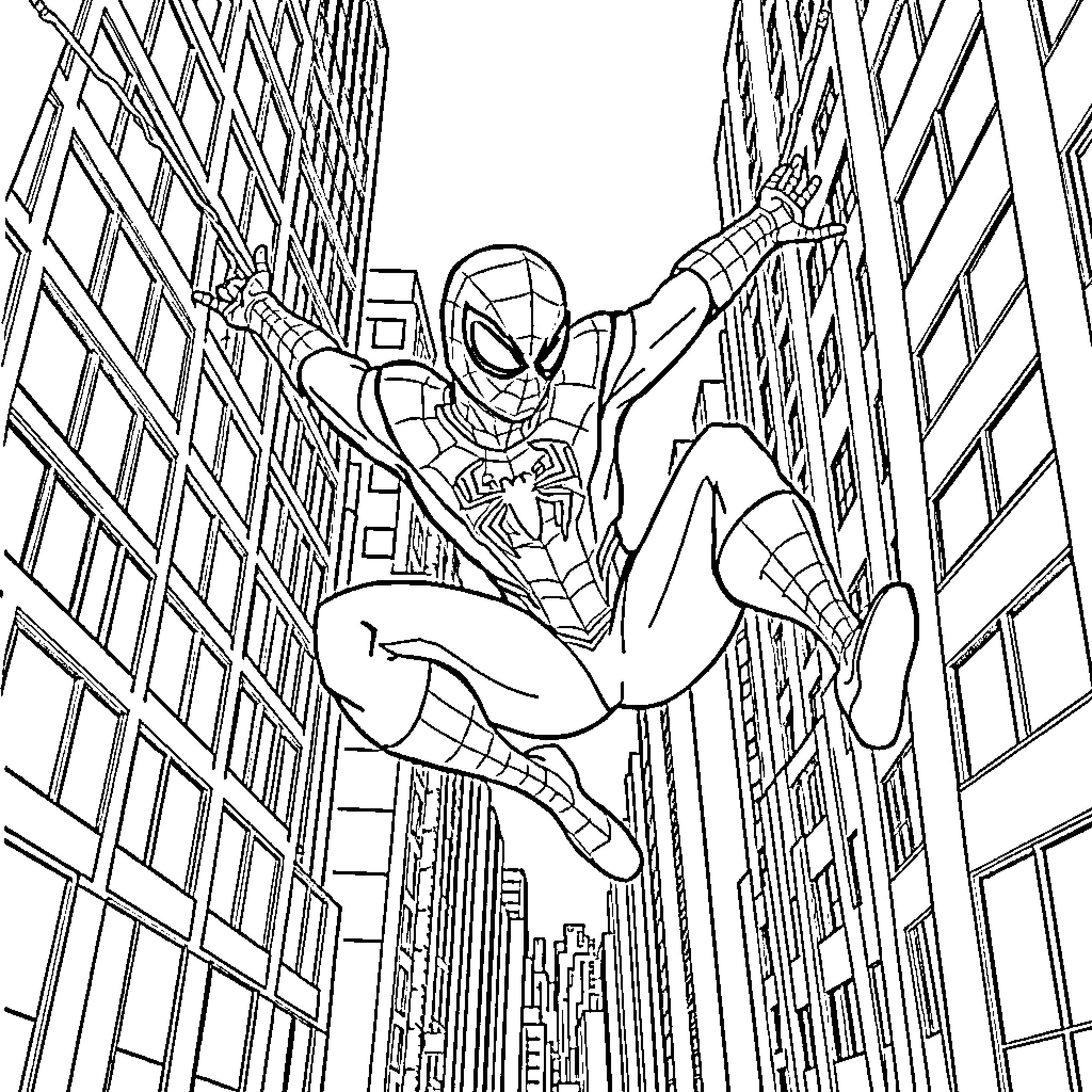Miles Morales Swinging Through the Skyscrapers Coloring Page (free black-and-white line drawing printable PDF for all, from beginners to advanced learners, including children, teens, adults, and seniors)