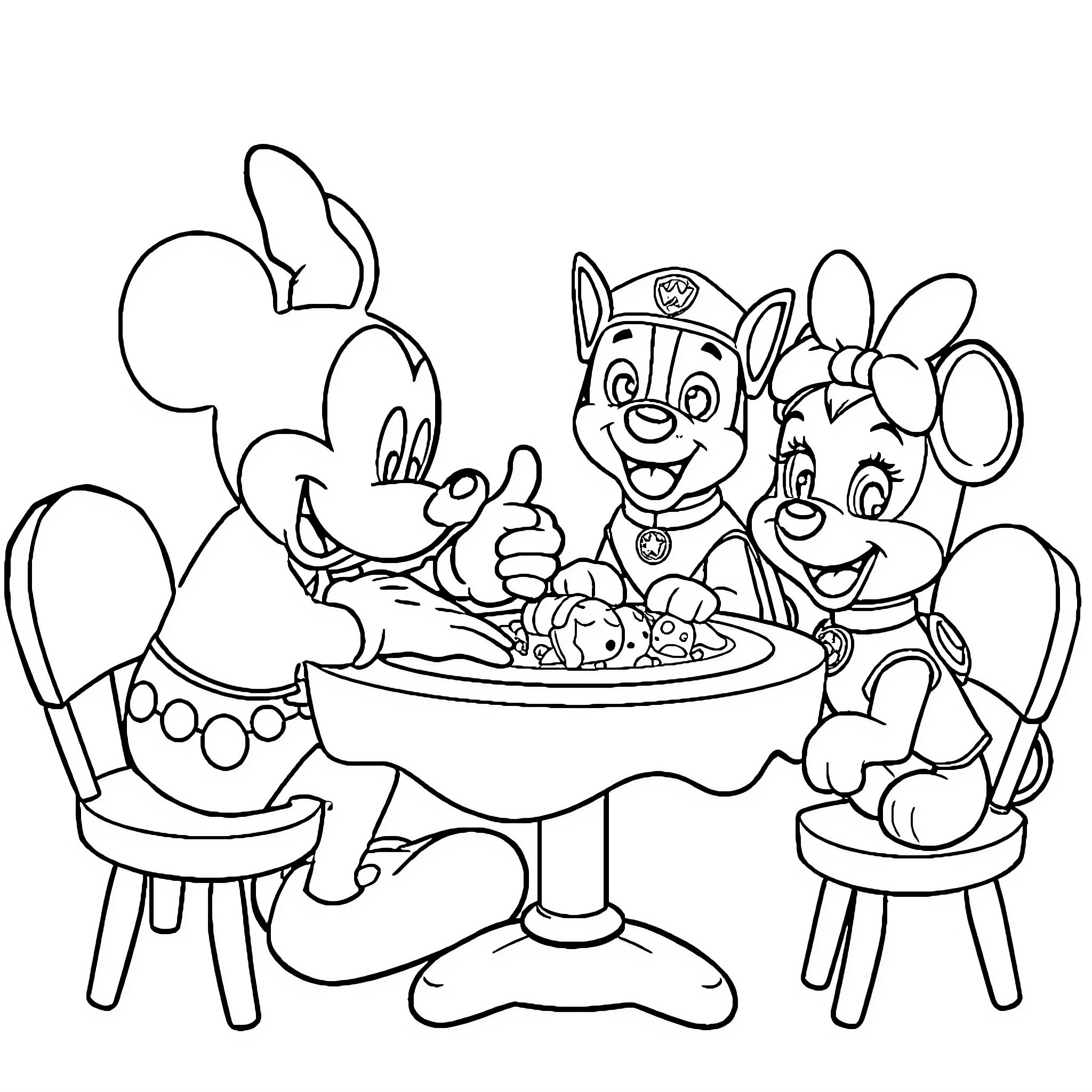 Mickey and Friends Sharing a Treat Together Coloring Page (free black-and-white line drawing printable PDF for all, from beginners to advanced learners, including children, teens, adults, and seniors)