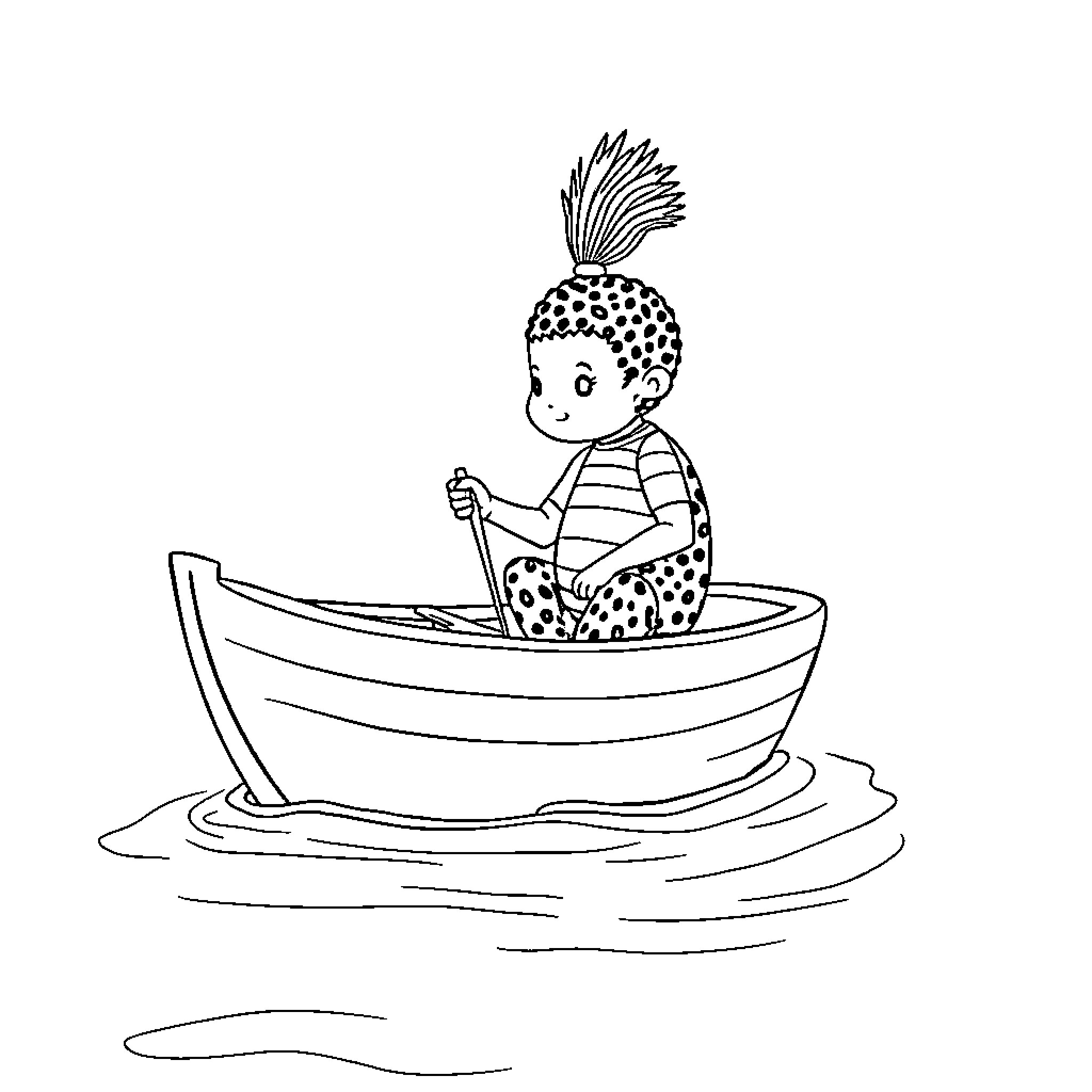 Labubu playing in a boat on the water Coloring Page (free black-and-white line drawing printable PDF for all, from beginners to advanced learners, including children, teens, adults, and seniors)