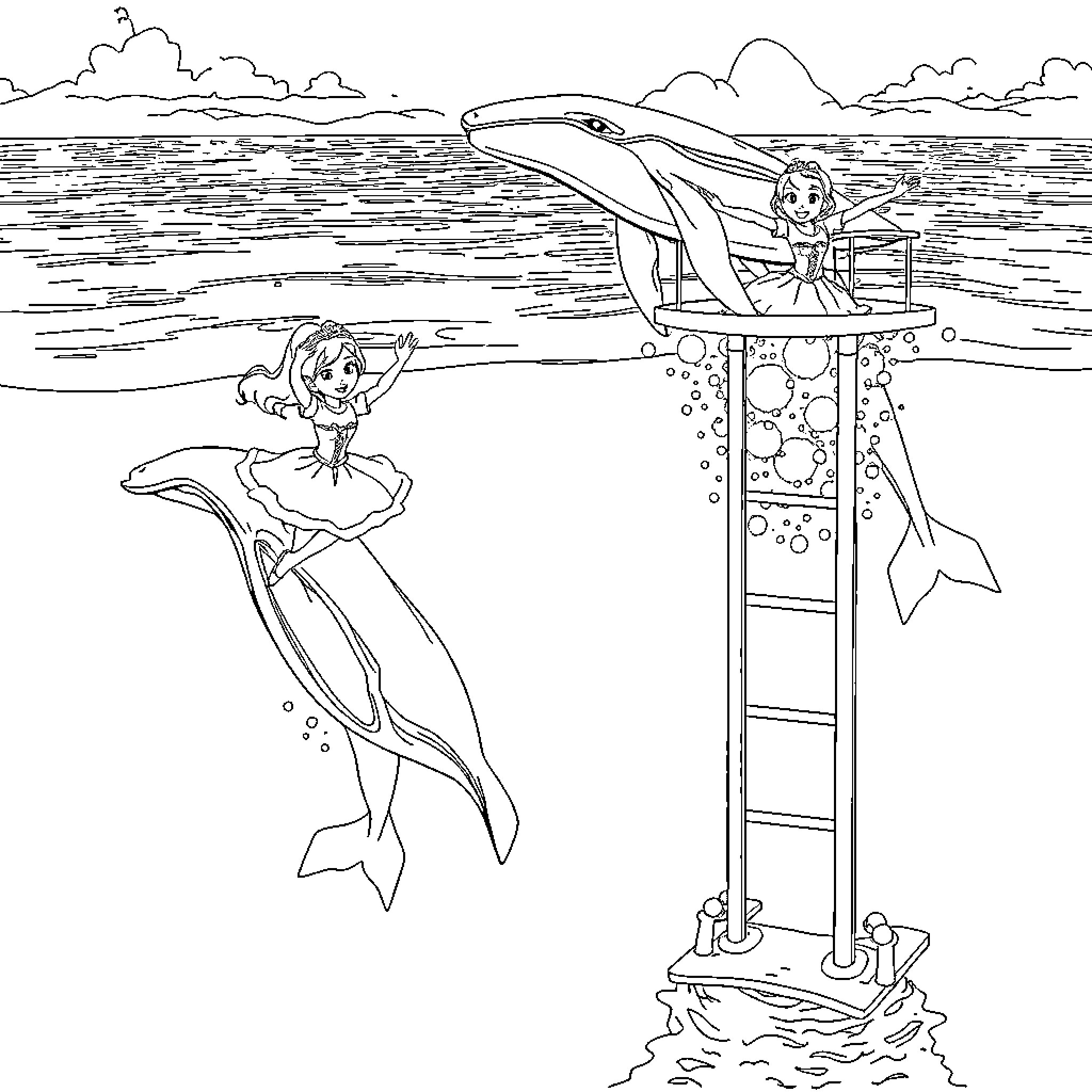 Whale Watching on the Ocean Coloring Page (free black-and-white line drawing printable PDF for all, from beginners to advanced learners, including children, teens, adults, and seniors)