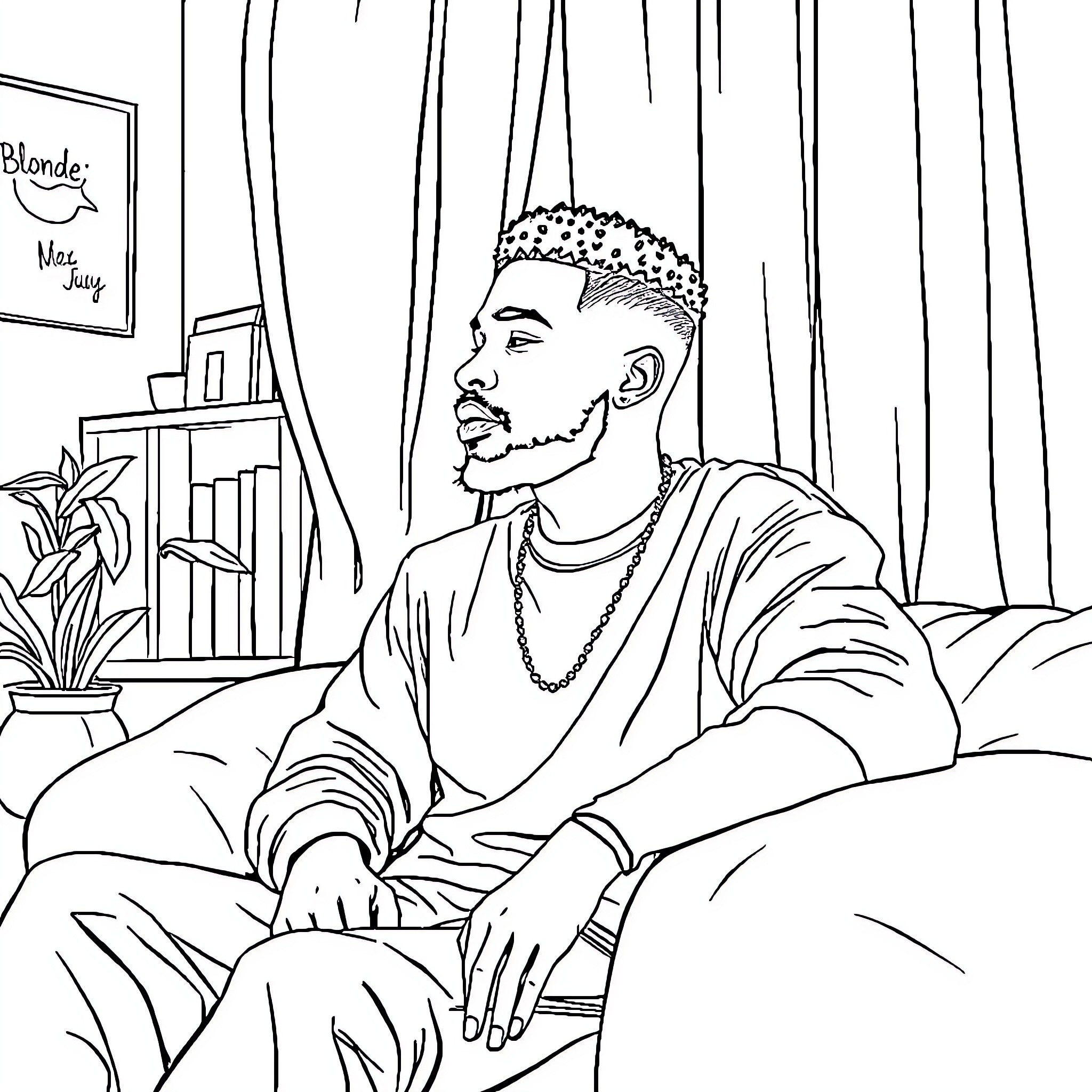 Frank Ocean relaxing in his studio Coloring Page (free black-and-white line drawing printable PDF for all, from beginners to advanced learners, including children, teens, adults, and seniors)