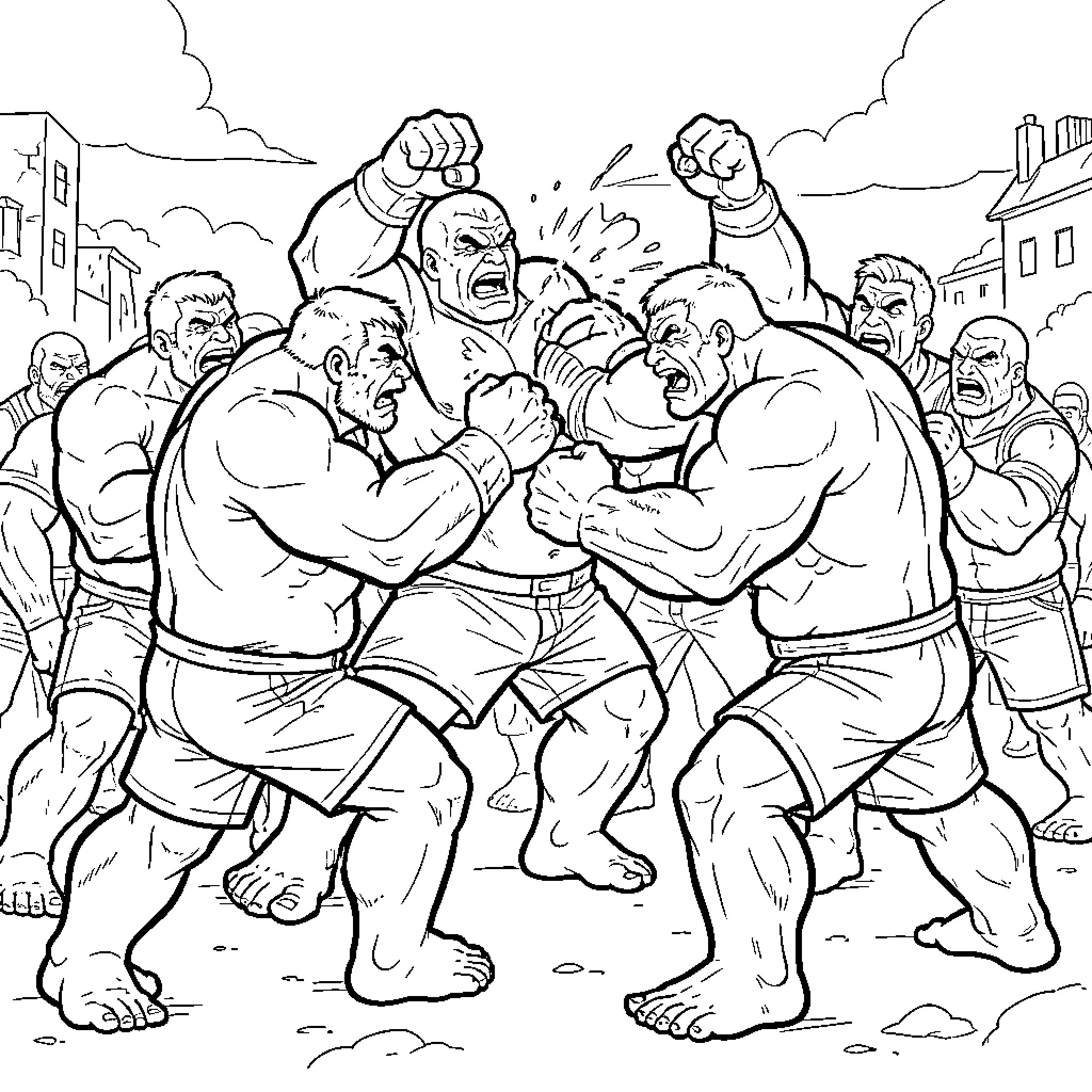 Hulk battling multiple strong opponents in a fierce fight Coloring Page (free black-and-white line drawing printable PDF for all, from beginners to advanced learners, including children, teens, adults, and seniors)