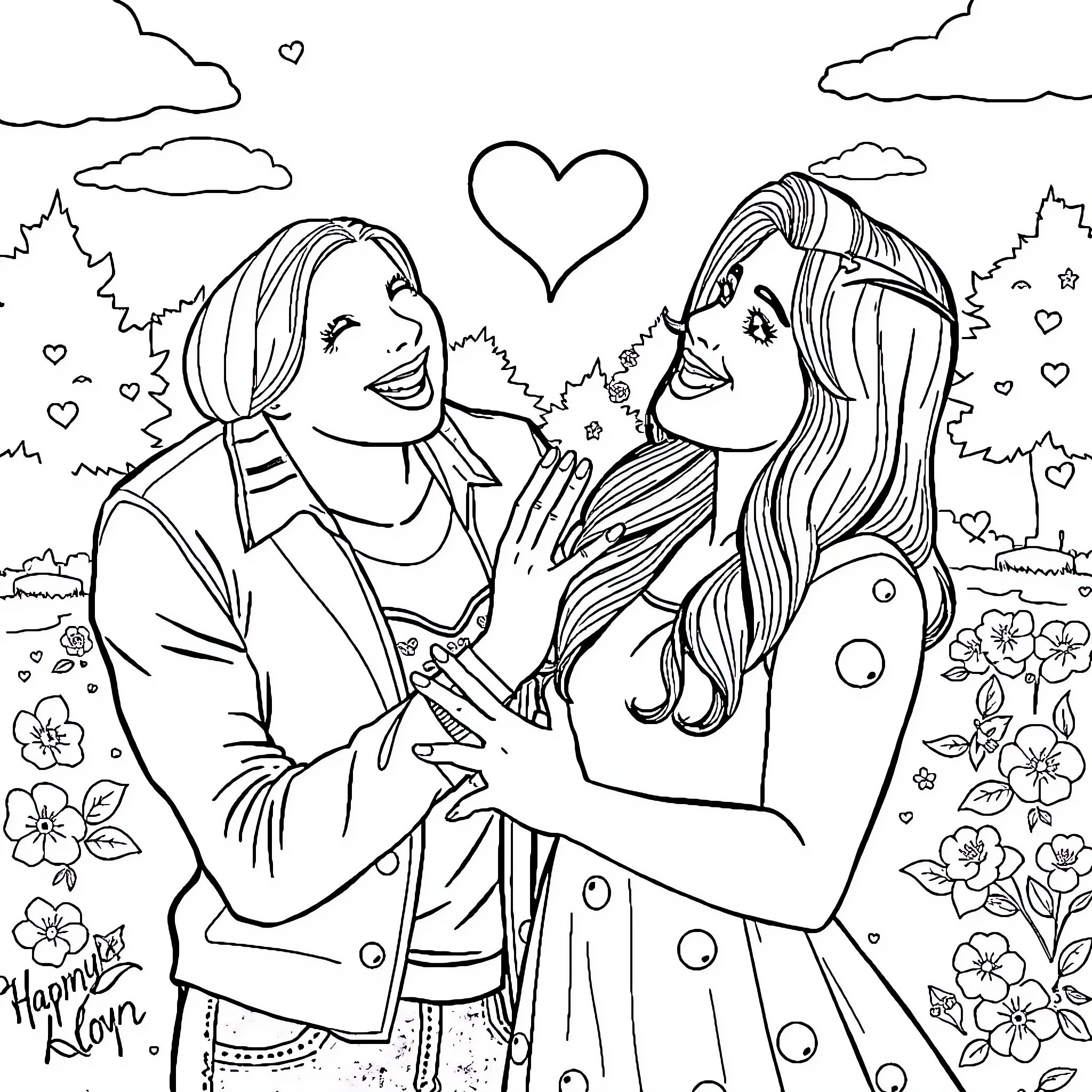 Angela's Tender Embrace with Cherished Companion Coloring Page (free black-and-white line drawing printable PDF for all, from beginners to advanced learners, including children, teens, adults, and seniors)