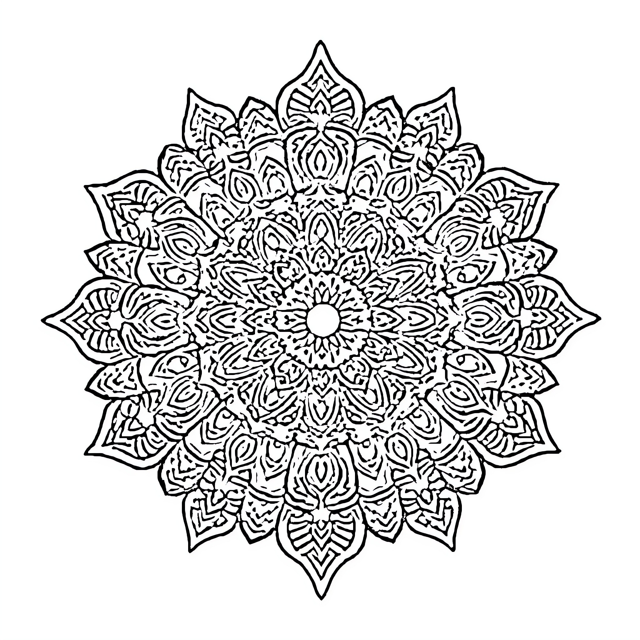 Mandala of intricate floral patterns and shapes Coloring Page (free black-and-white line drawing printable PDF for all, from beginners to advanced learners, including children, teens, adults, and seniors)